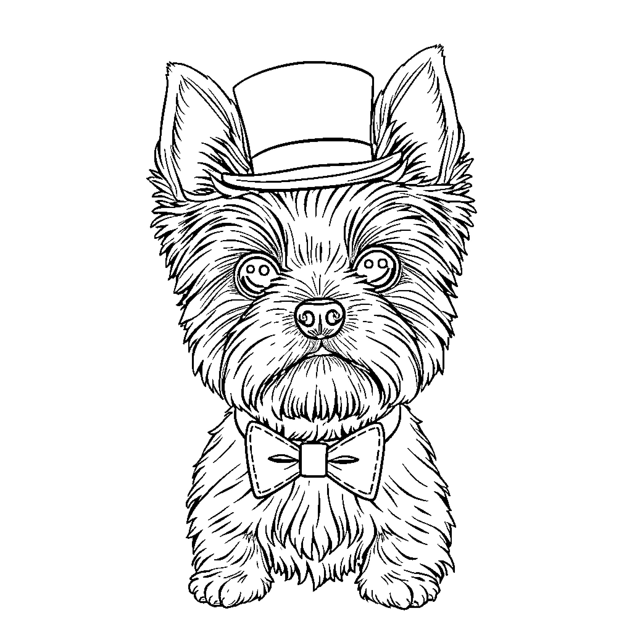 Yorkie wearing a hat and bowtie Coloring Page (free black-and-white line drawing printable PDF for all, from beginners to advanced learners, including children, teens, adults, and seniors)