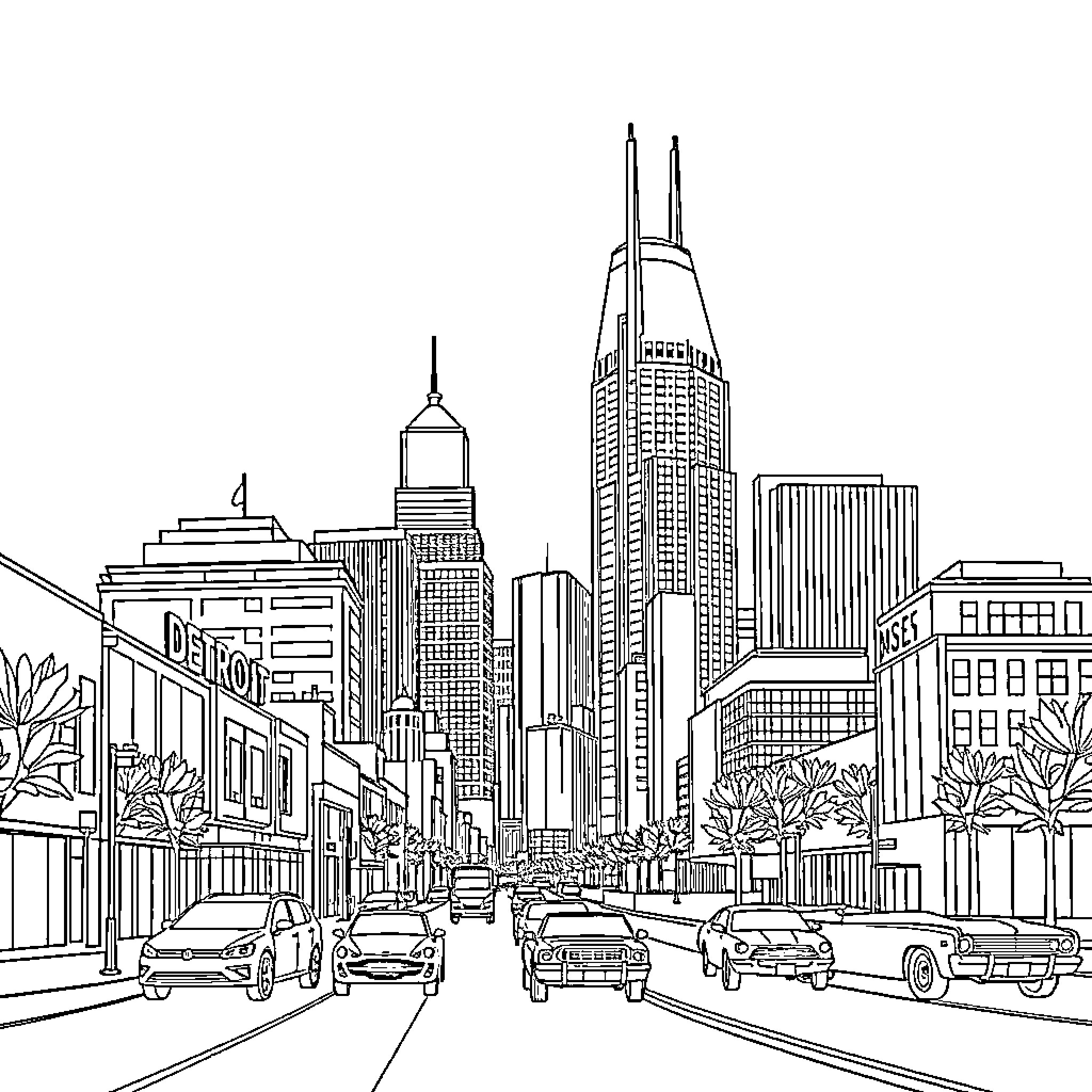 Detroit city skyline with vehicles and architecture Coloring Page (free black-and-white line drawing printable PDF for all, from beginners to advanced learners, including children, teens, adults, and seniors)