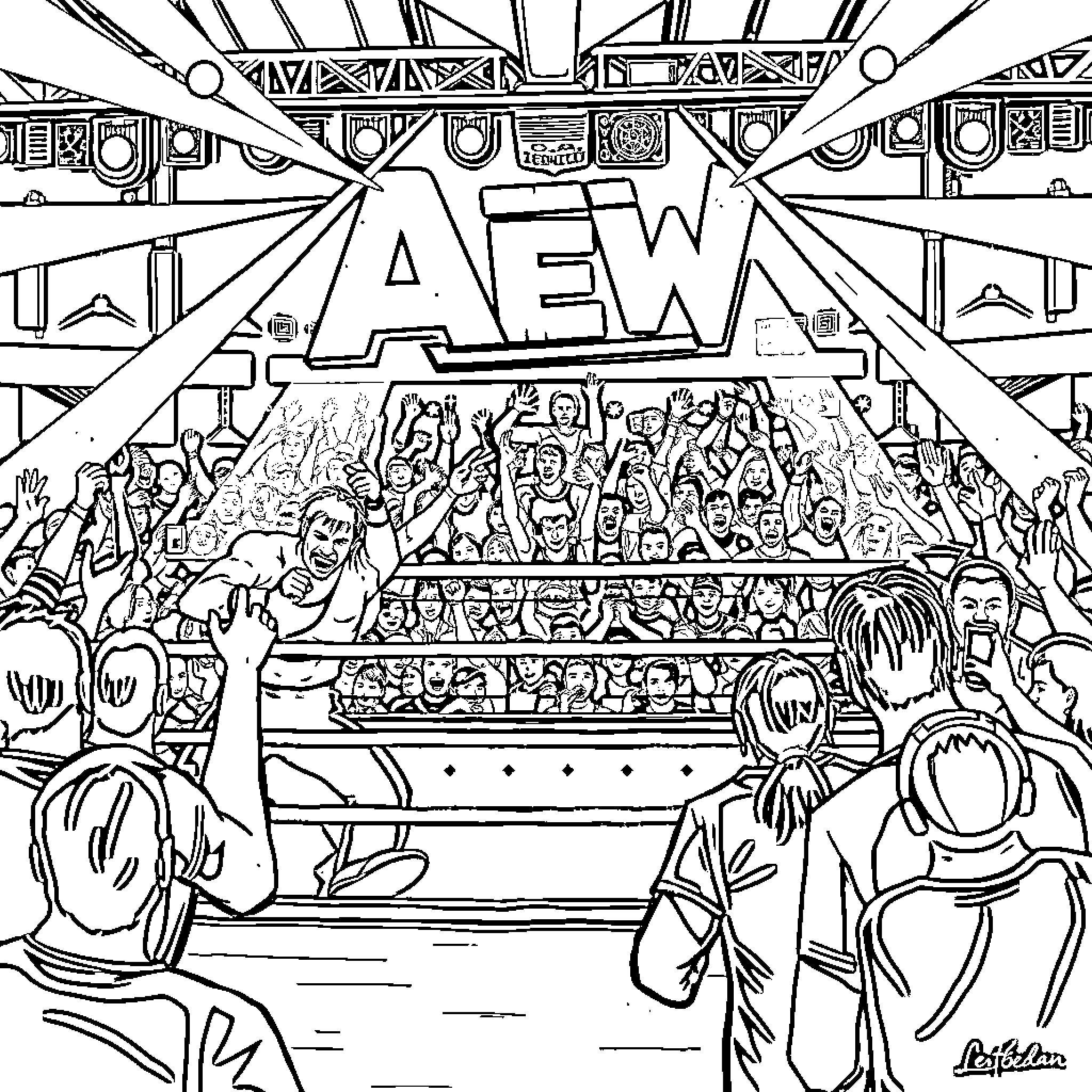 AEW Live Action Wrestling Event Coloring Page (free black-and-white line drawing printable PDF for all, from beginners to advanced learners, including children, teens, adults, and seniors)