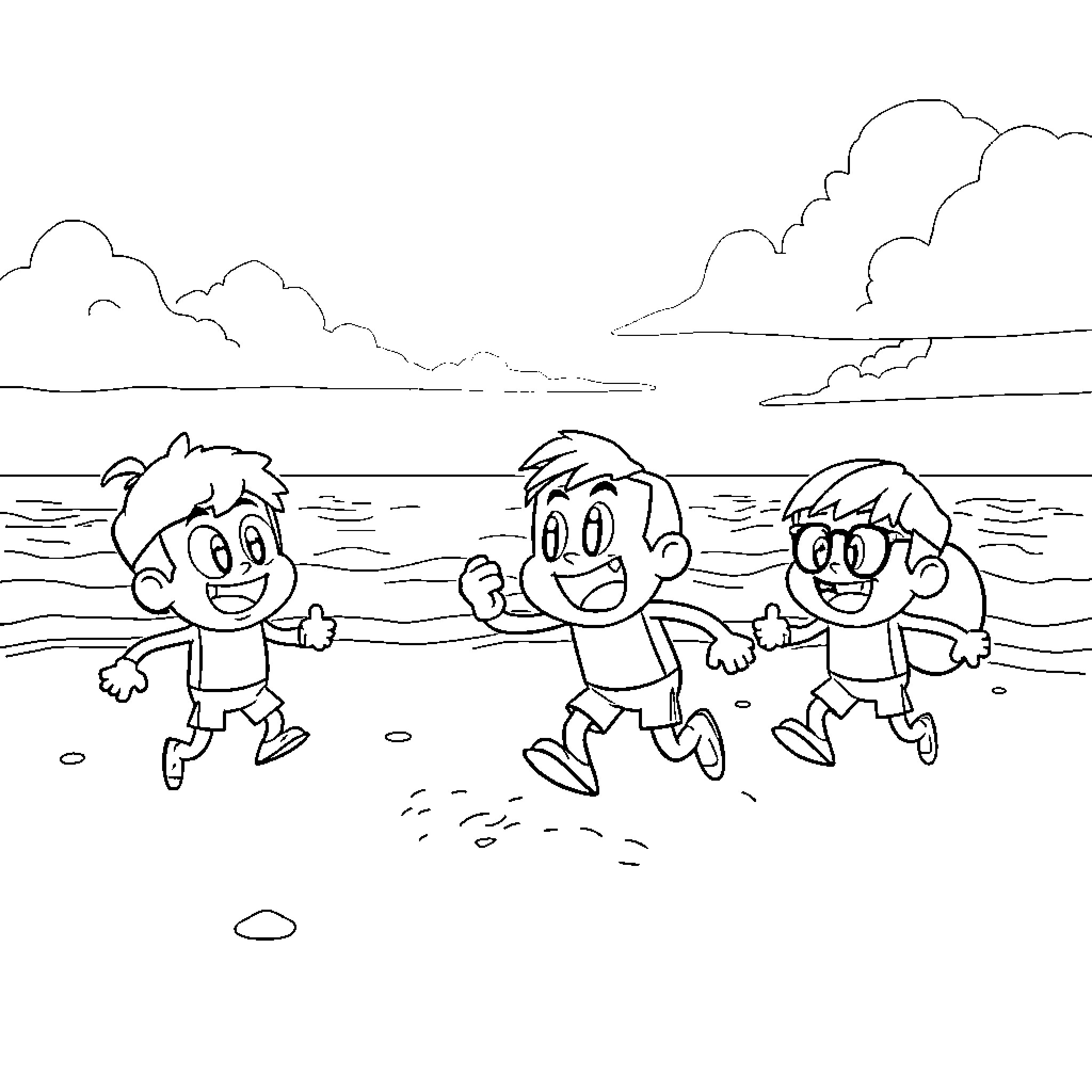 Character playing on the beach with friends Coloring Page (free black-and-white line drawing printable PDF for all, from beginners to advanced learners, including children, teens, adults, and seniors)