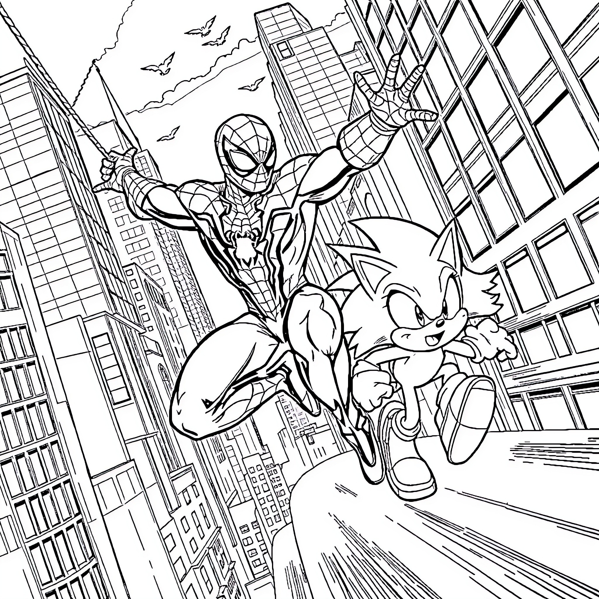 Spiderman swinging through the city with Sonic Coloring Page (free black-and-white line drawing printable PDF for all, from beginners to advanced learners, including children, teens, adults, and seniors)