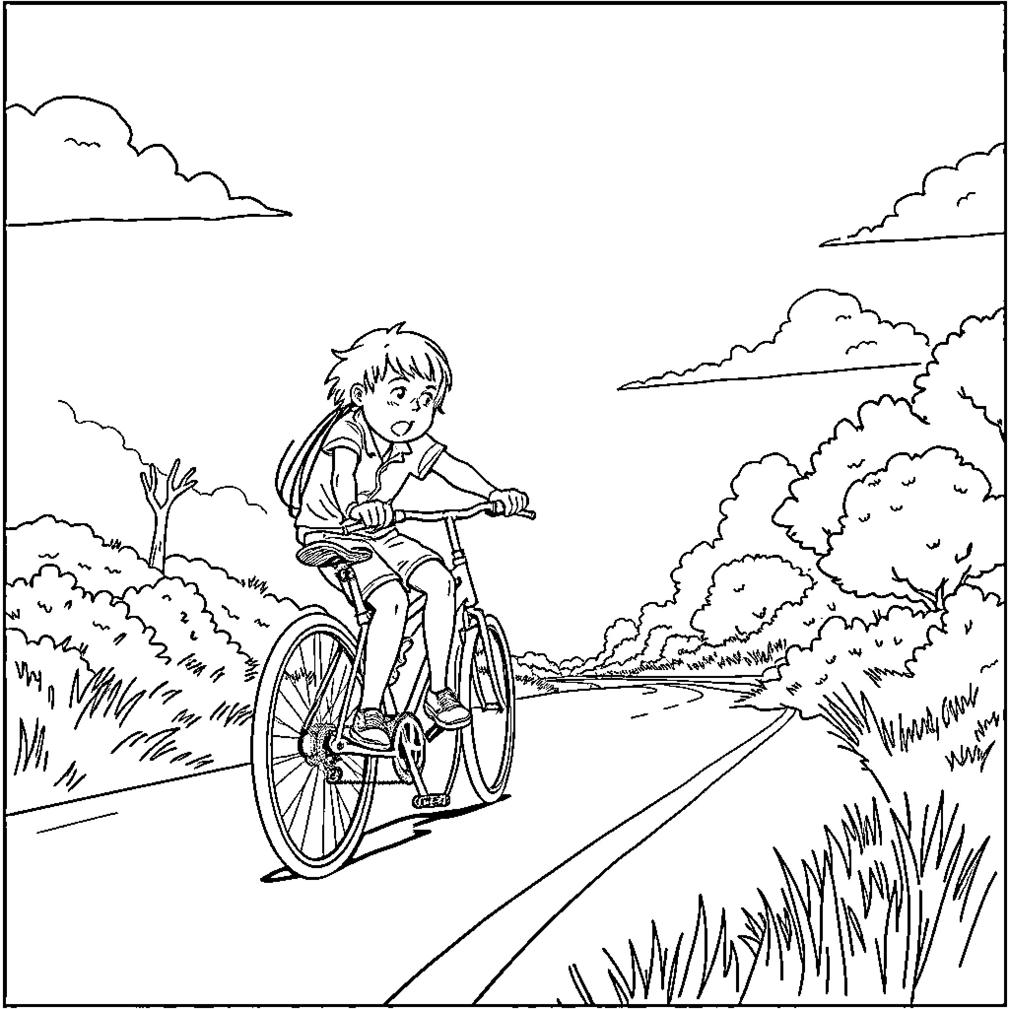 Boy riding bicycle on a rural path Coloring Page (free black-and-white line drawing printable PDF for all, from beginners to advanced learners, including children, teens, adults, and seniors)