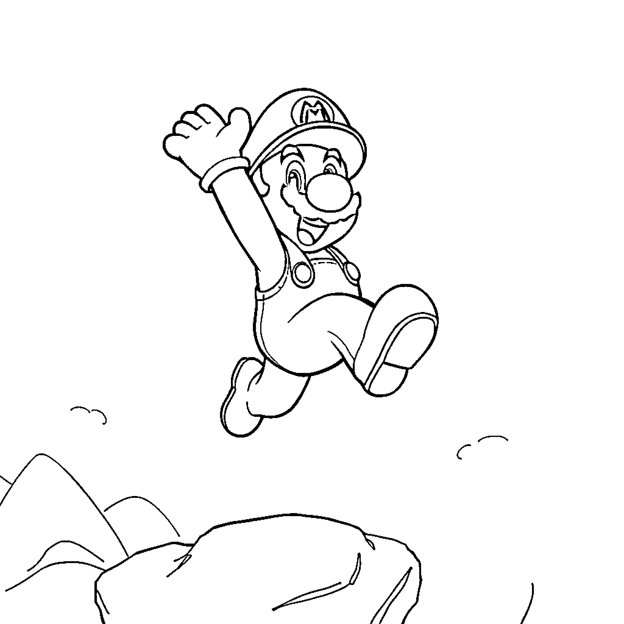 Mario jumping happily over a mountain landscape Coloring Page (free black-and-white line drawing printable PDF for all, from beginners to advanced learners, including children, teens, adults, and seniors)