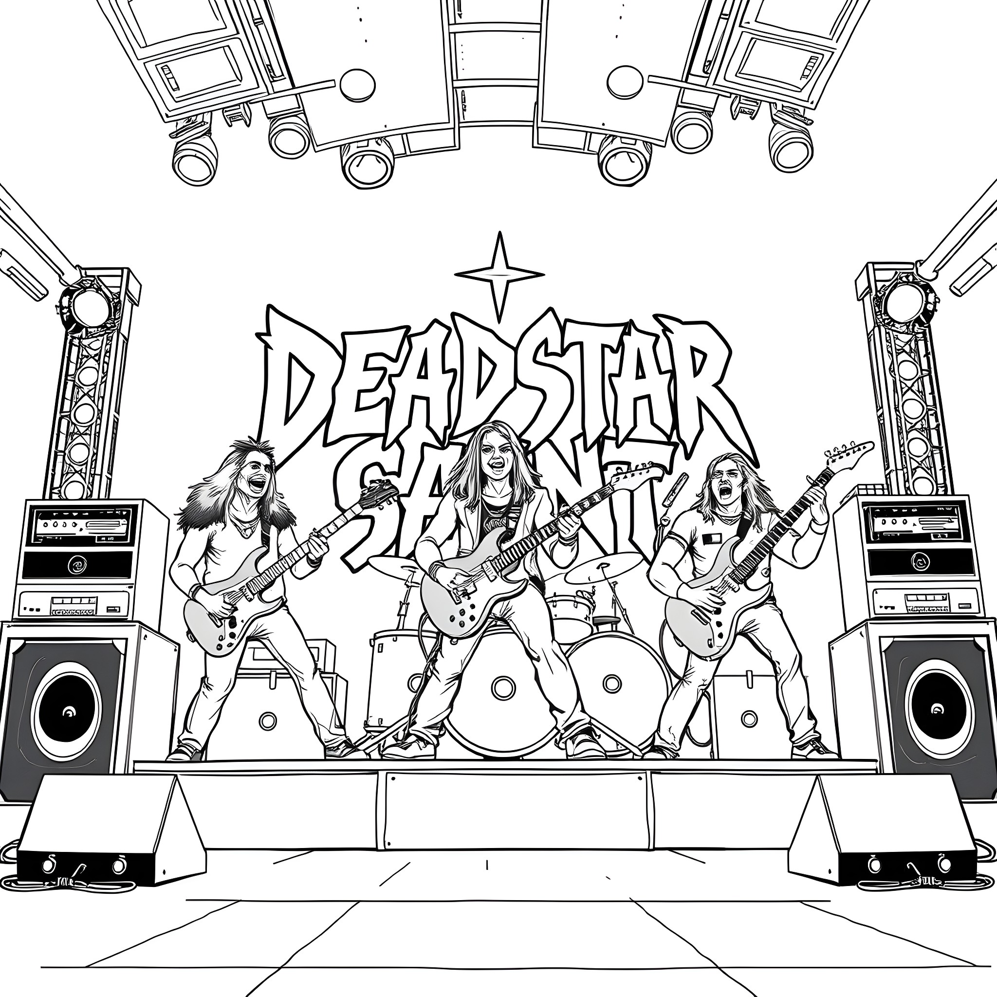 Band performing energetically on stage Coloring Page (free black-and-white line drawing printable PDF for all, from beginners to advanced learners, including children, teens, adults, and seniors)