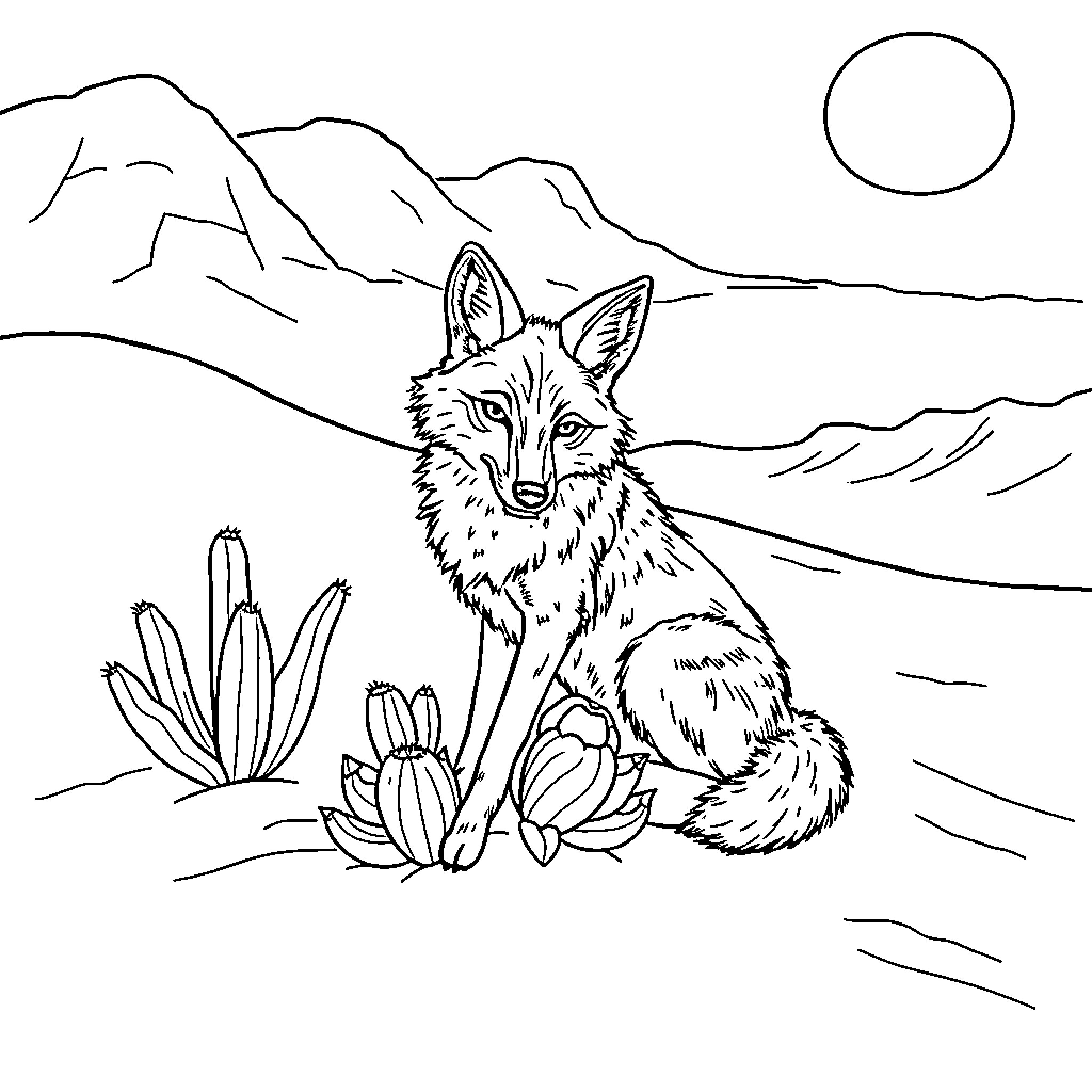 Coyote resting in desert landscape Coloring Page (free black-and-white line drawing printable PDF for all, from beginners to advanced learners, including children, teens, adults, and seniors)