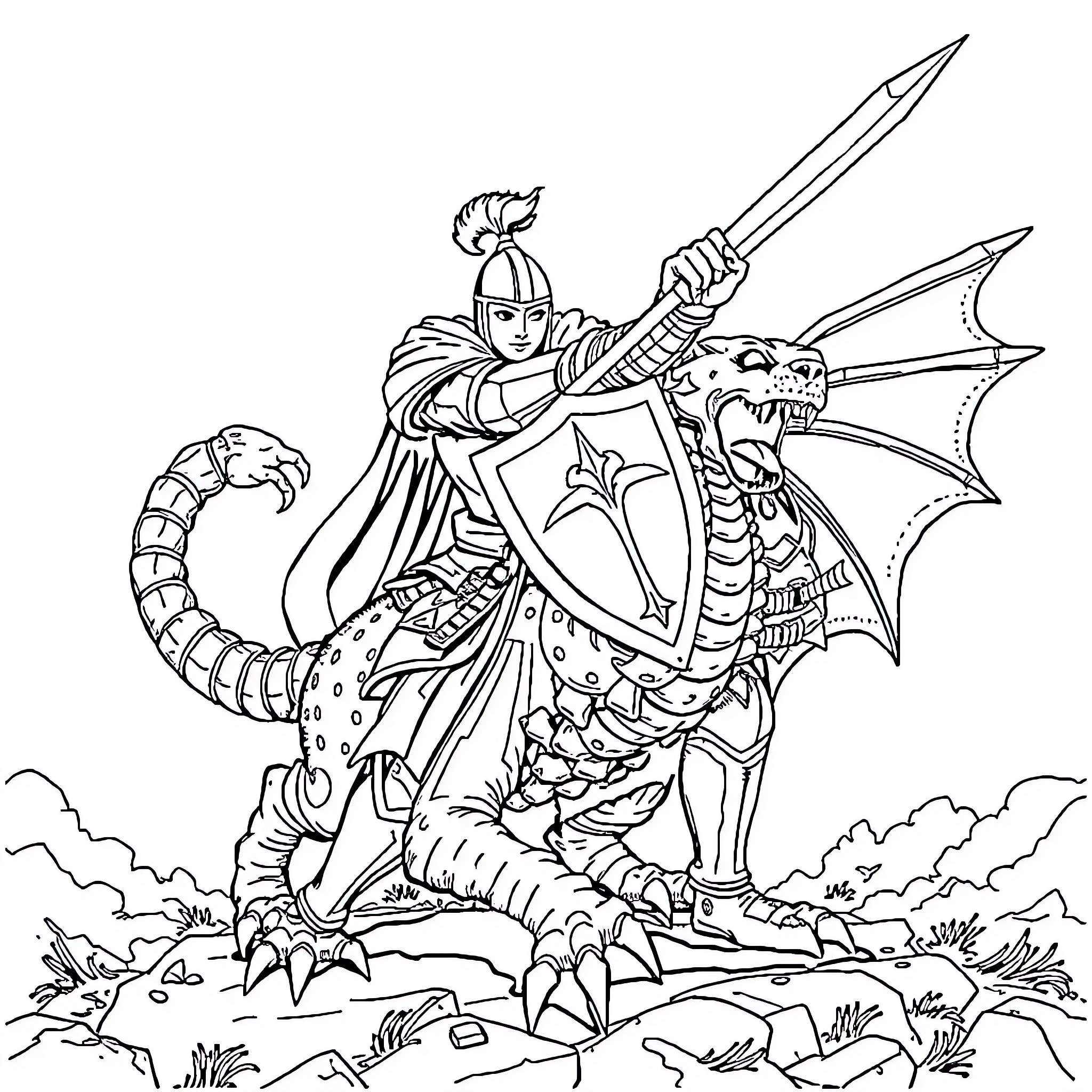 Knight Battling a Fearsome Dragon Coloring Page (free black-and-white line drawing printable PDF for all, from beginners to advanced learners, including children, teens, adults, and seniors)