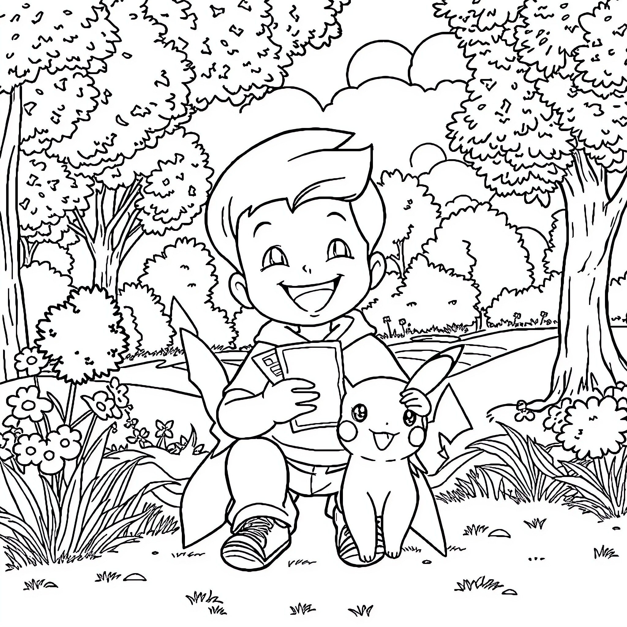 Child and pet exploring outdoor nature scene Coloring Page (free black-and-white line drawing printable PDF for all, from beginners to advanced learners, including children, teens, adults, and seniors)