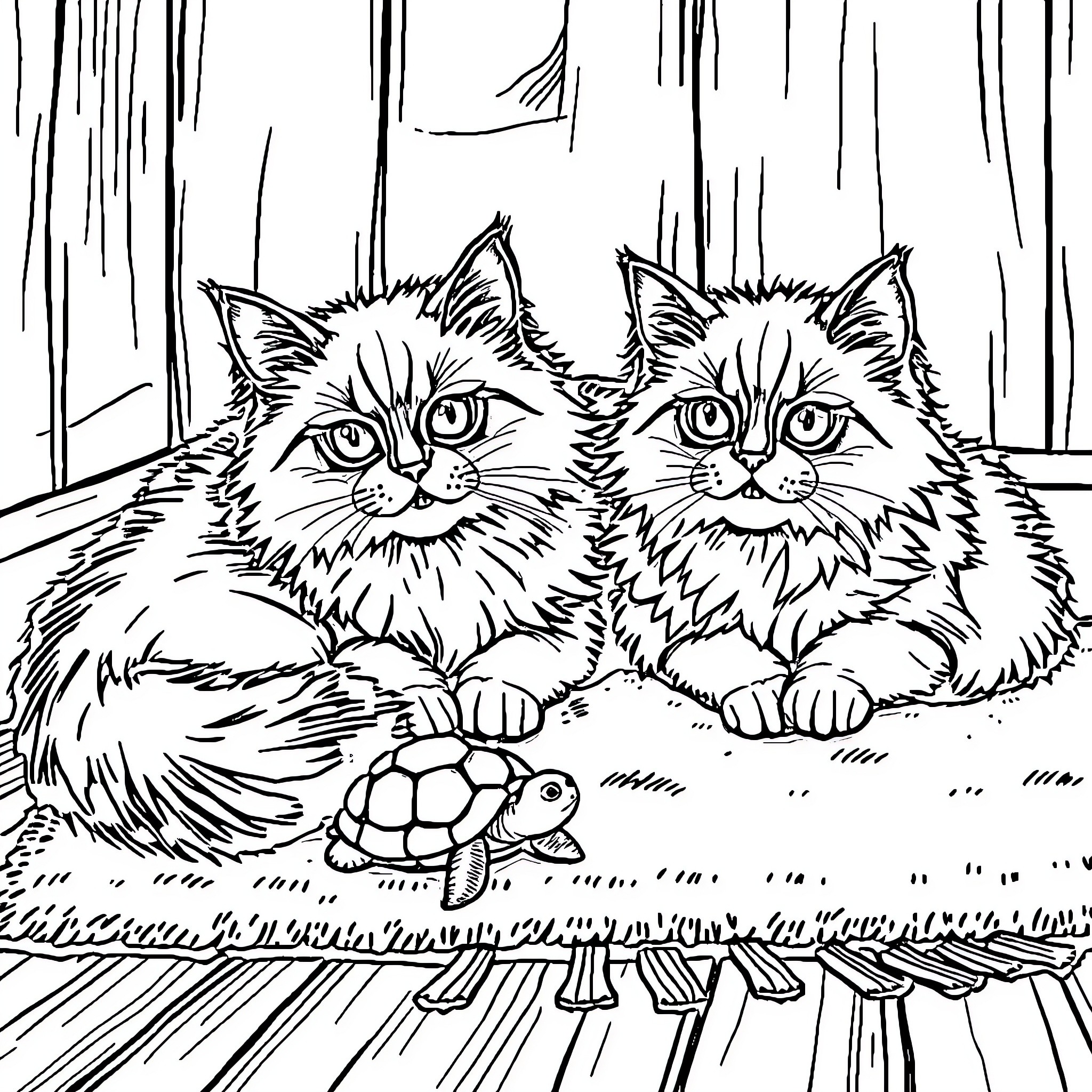 Ragdoll cats watching a tiny turtle in the forest Coloring Page (free black-and-white line drawing printable PDF for all, from beginners to advanced learners, including children, teens, adults, and seniors)
