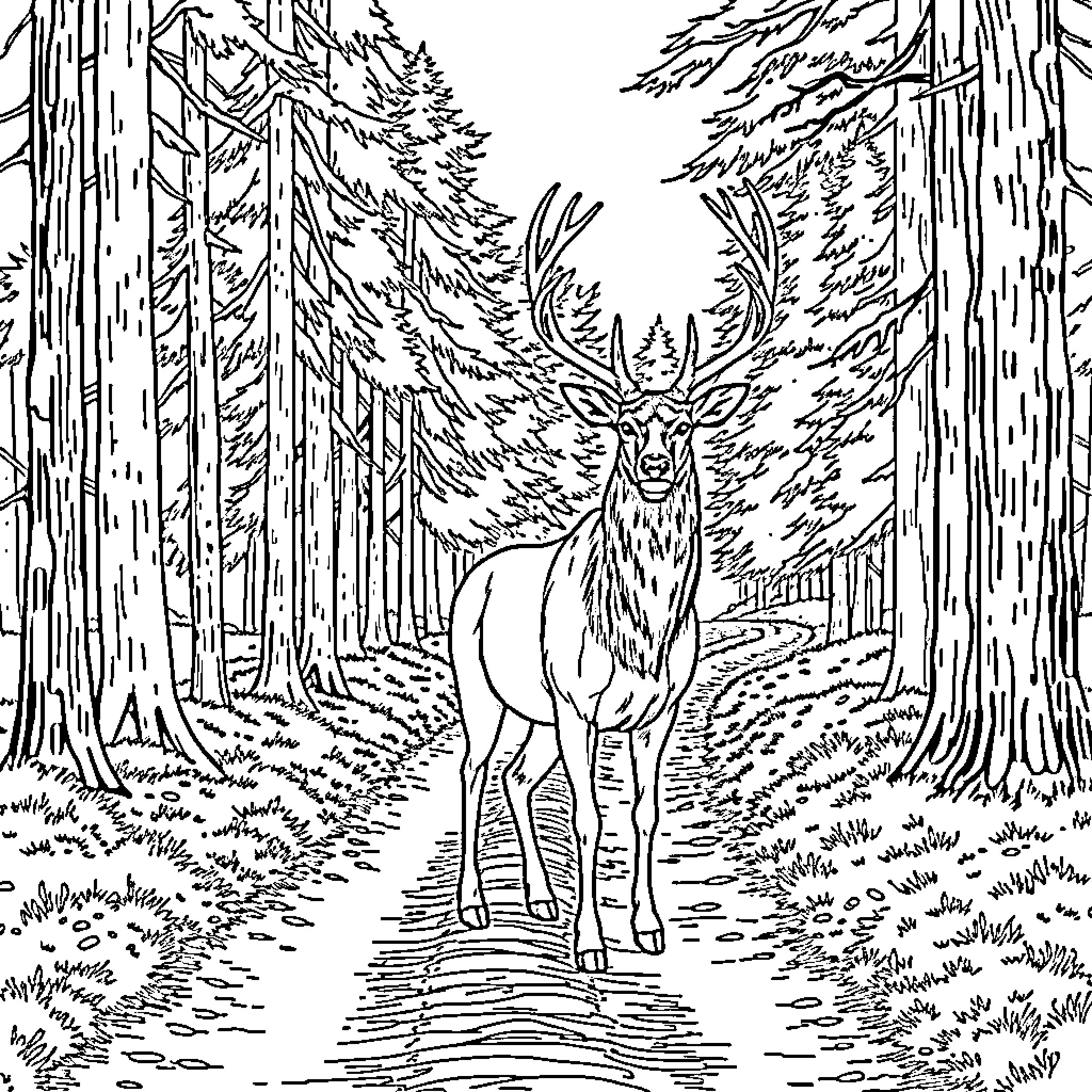 Stag standing majestically in the forest Coloring Page (free black-and-white line drawing printable PDF for all, from beginners to advanced learners, including children, teens, adults, and seniors)
