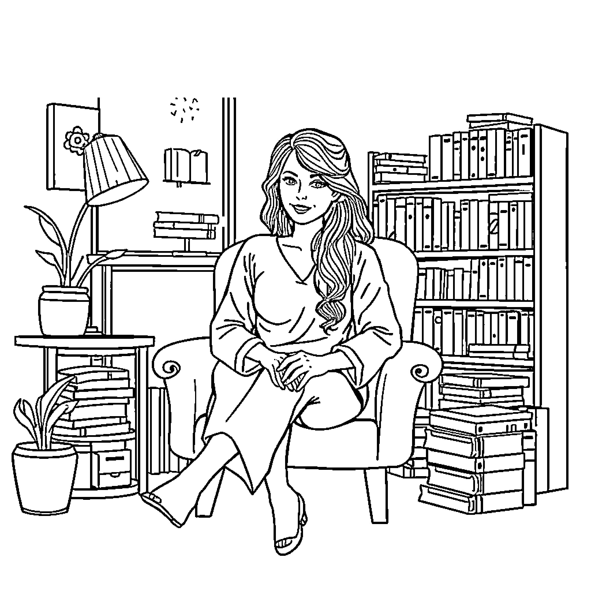 Therapist Relaxes in Cozy Home Office Coloring Page (free black-and-white line drawing printable PDF for all, from beginners to advanced learners, including children, teens, adults, and seniors)