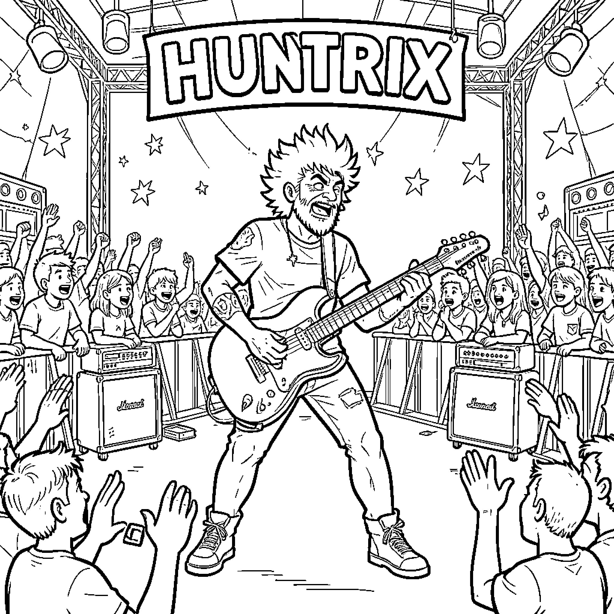 Huntrix performing energetic rock music for a cheering crowd Coloring Page (free black-and-white line drawing printable PDF for all, from beginners to advanced learners, including children, teens, adults, and seniors)