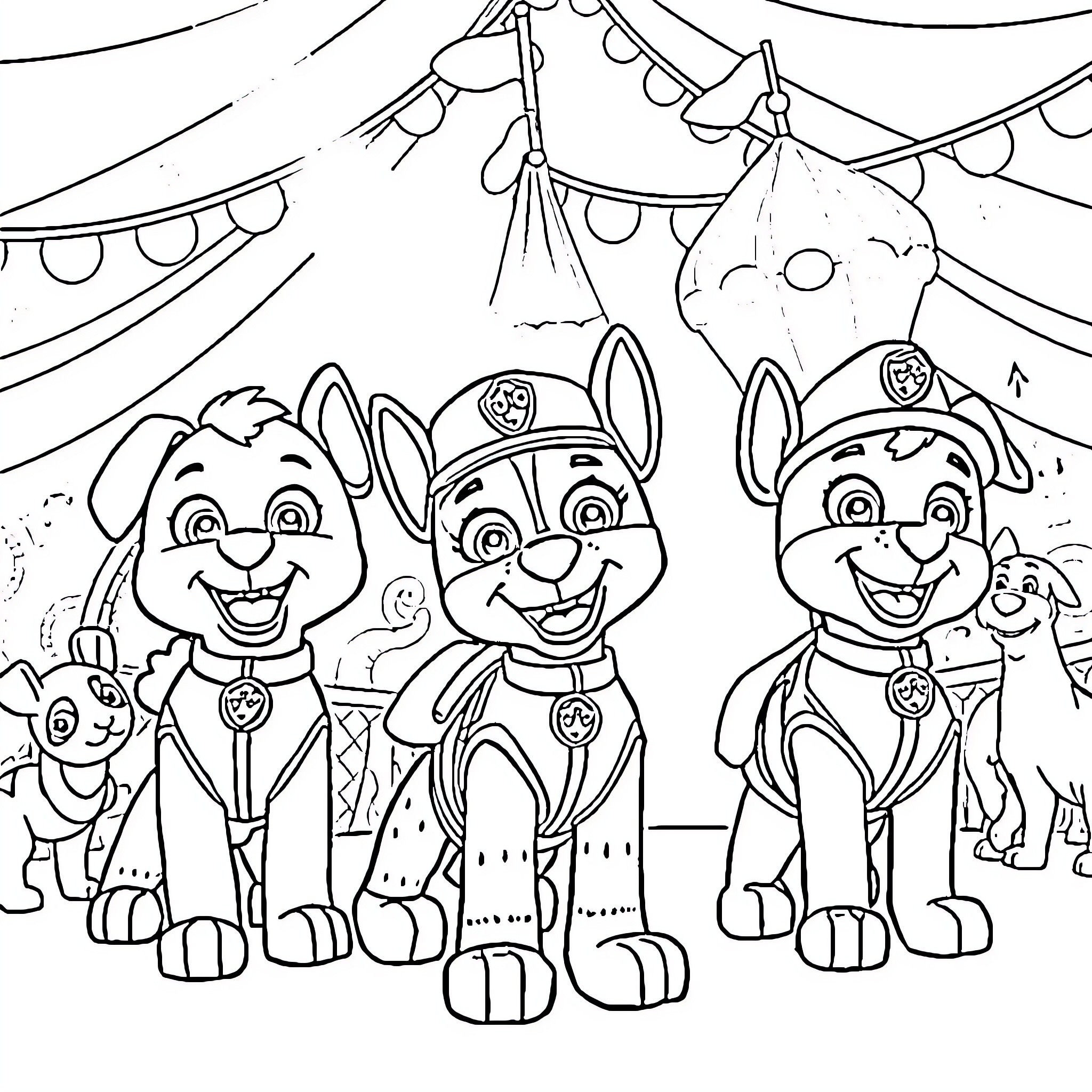 Paw Patrol Puppies at the Carnival Coloring Page (free black-and-white line drawing printable PDF for all, from beginners to advanced learners, including children, teens, adults, and seniors)