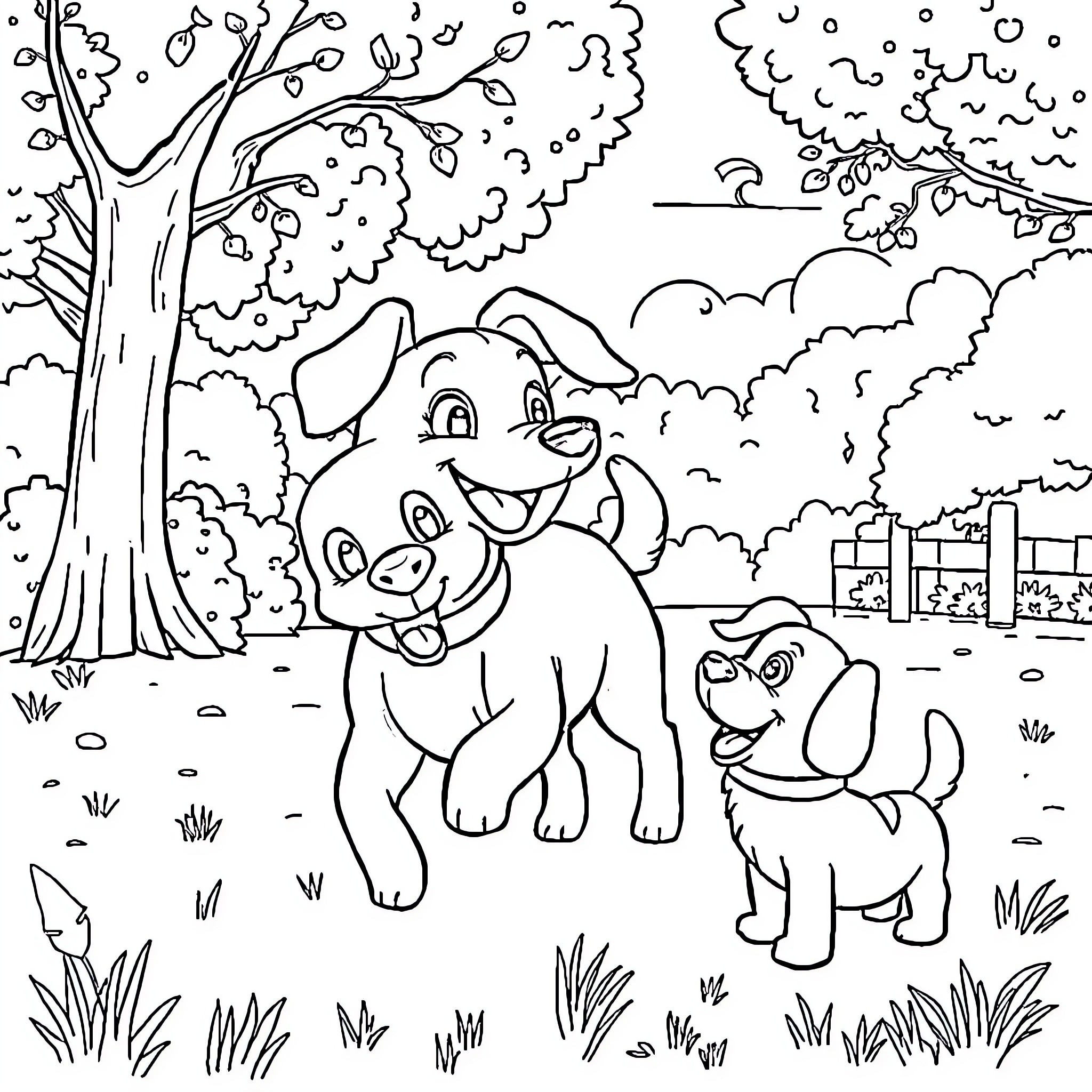 Bluey's Playful Adventure with Pups Coloring Page (free black-and-white line drawing printable PDF for all, from beginners to advanced learners, including children, teens, adults, and seniors)