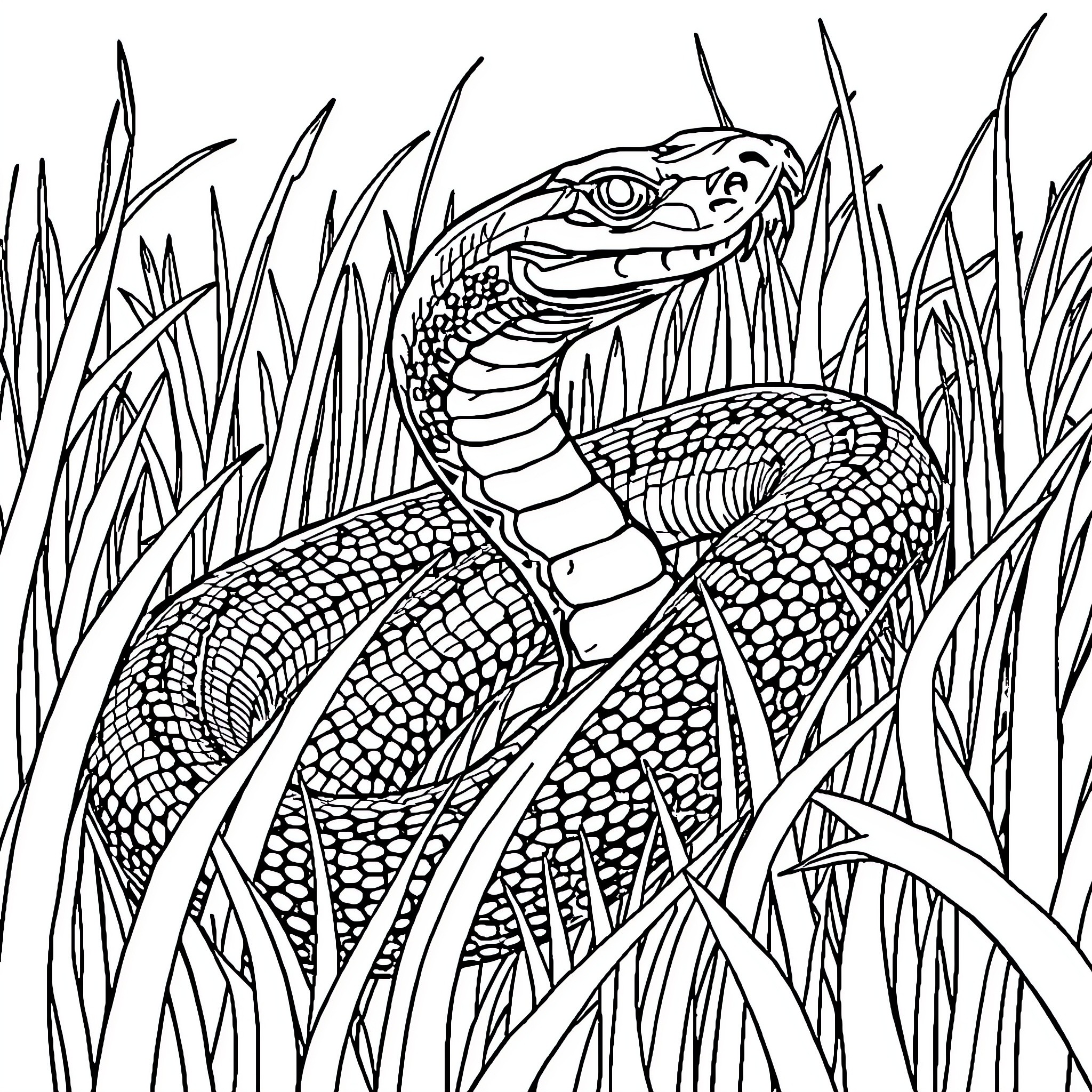 Venom snake coiled in tall grass Coloring Page (free black-and-white line drawing printable PDF for all, from beginners to advanced learners, including children, teens, adults, and seniors)