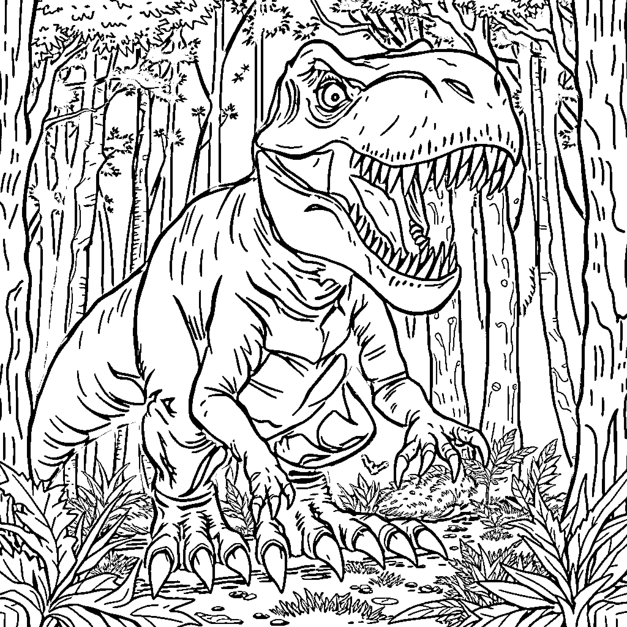 T-Rex Exploring the Jungle Wilderness Coloring Page (free black-and-white line drawing printable PDF for all, from beginners to advanced learners, including children, teens, adults, and seniors)