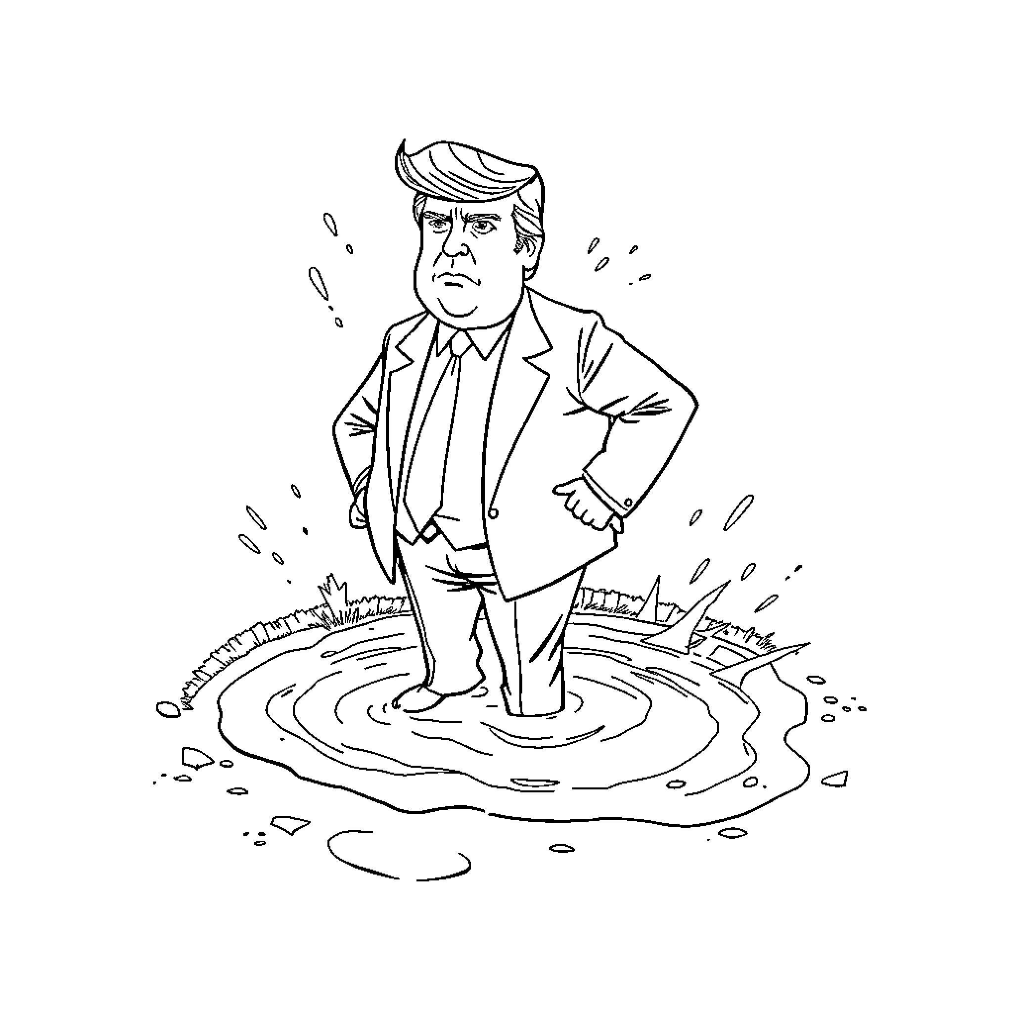 Donald Trump wading through a swirl of turmoil Coloring Page (free black-and-white line drawing printable PDF for all, from beginners to advanced learners, including children, teens, adults, and seniors)