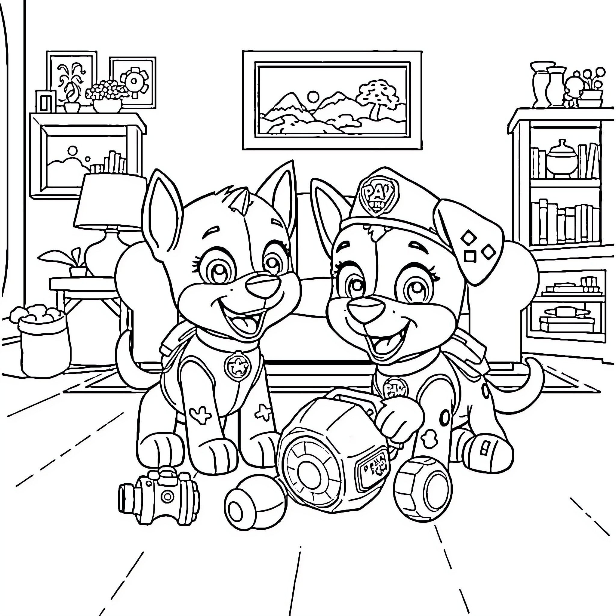 Bluey's Adventure with Paw Patrol Friends Coloring Page (free black-and-white line drawing printable PDF for all, from beginners to advanced learners, including children, teens, adults, and seniors)