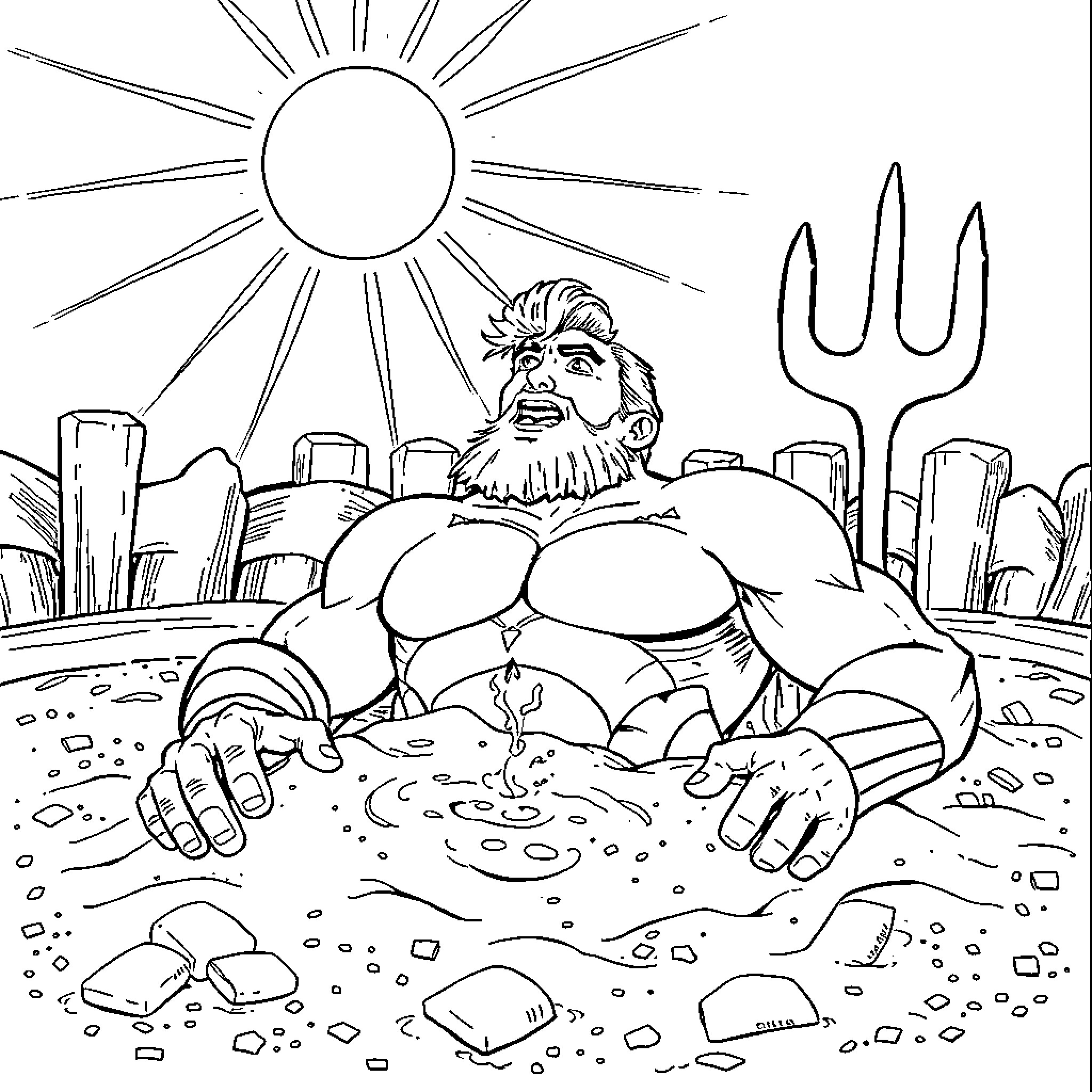 Aquaman lounging in the sun by the ocean Coloring Page (free black-and-white line drawing printable PDF for all, from beginners to advanced learners, including children, teens, adults, and seniors)