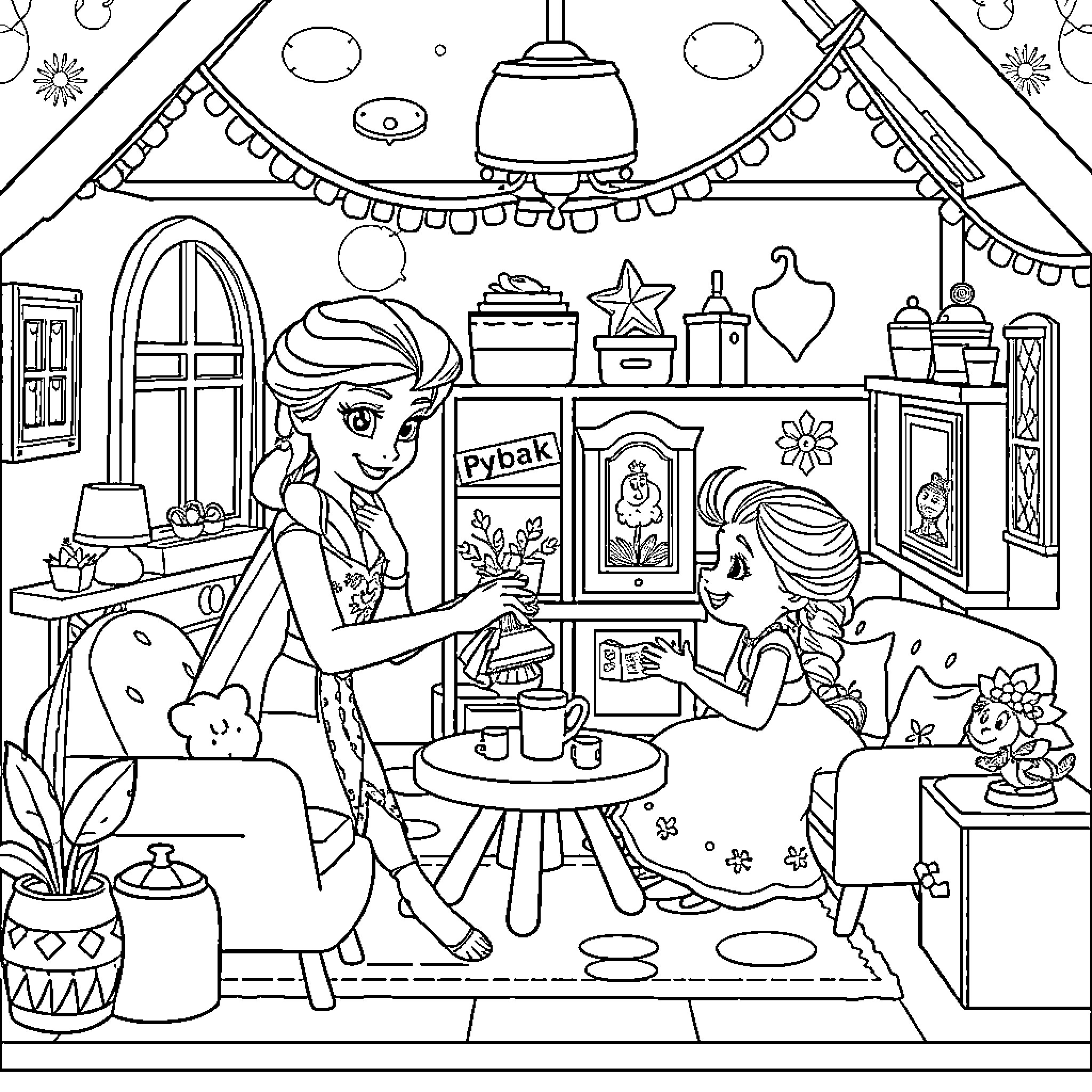 Elsa's Cozy Winter Celebration at Home Coloring Page (free black-and-white line drawing printable PDF for all, from beginners to advanced learners, including children, teens, adults, and seniors)