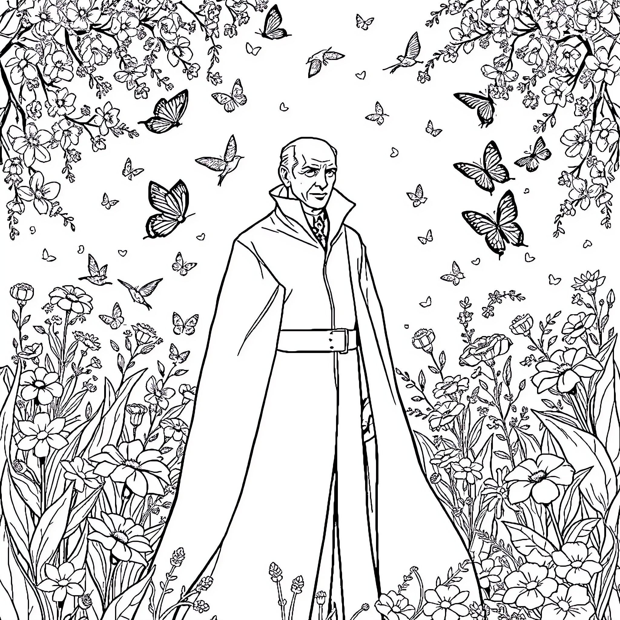 Voldemort surrounded by nature's beauty Coloring Page (free black-and-white line drawing printable PDF for all, from beginners to advanced learners, including children, teens, adults, and seniors)