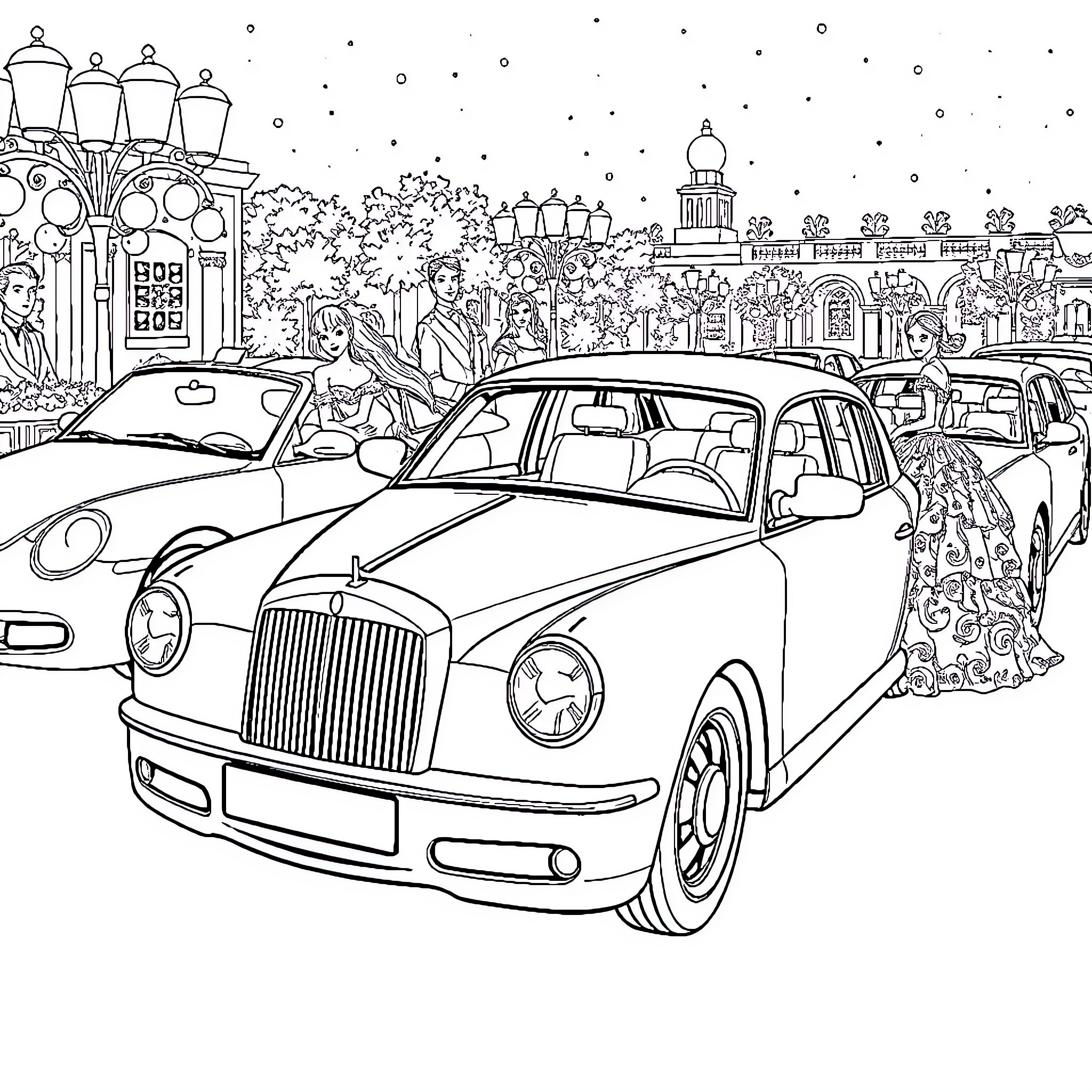 Car on a Bustling City Street with Crowds Coloring Page (free black-and-white line drawing printable PDF for all, from beginners to advanced learners, including children, teens, adults, and seniors)