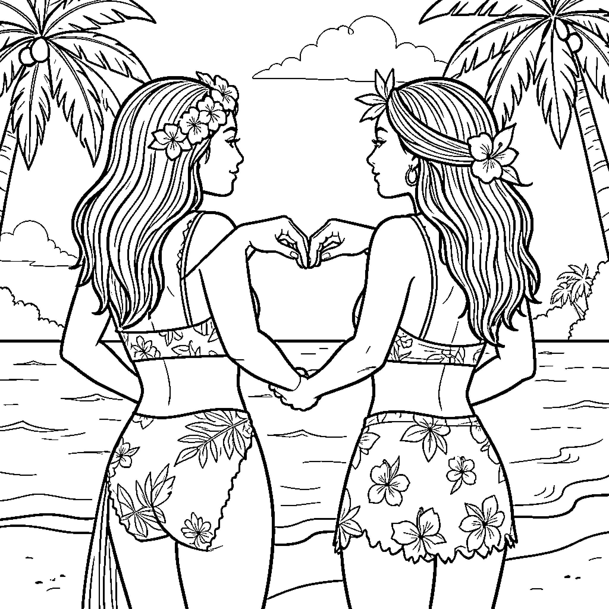 Hawaienne Women Embracing on Tropical Beach Coloring Page (free black-and-white line drawing printable PDF for all, from beginners to advanced learners, including children, teens, adults, and seniors)