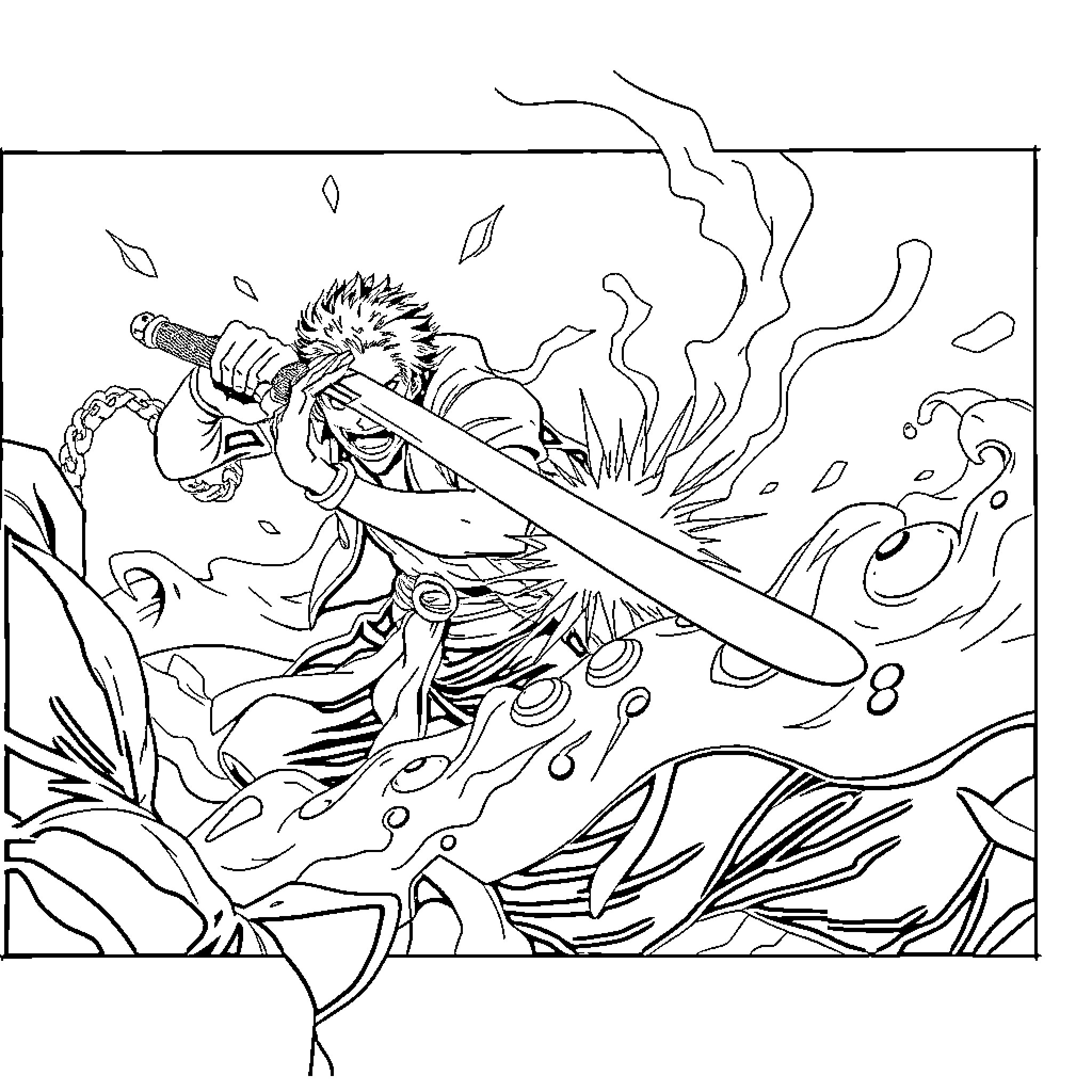 Zoro Slicing through the Waves with Fierce Determination Coloring Page (free black-and-white line drawing printable PDF for all, from beginners to advanced learners, including children, teens, adults, and seniors)