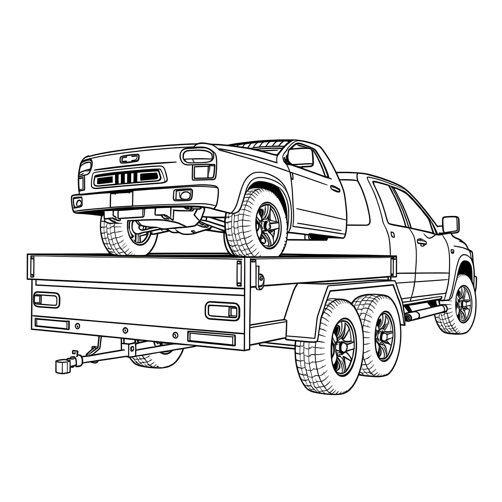 Car Trailer Transporting Rugged Pickup Truck Coloring Page (free black-and-white line drawing printable PDF for all, from beginners to advanced learners, including children, teens, adults, and seniors)