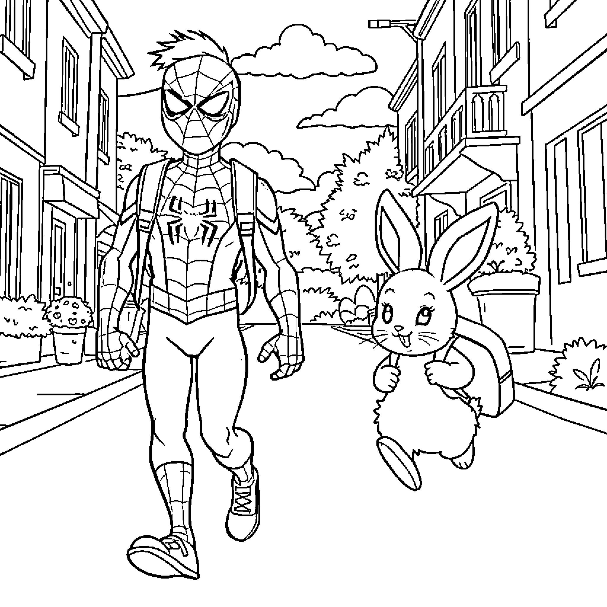 Spiderman encounters a friendly rabbit in the city Coloring Page (free black-and-white line drawing printable PDF for all, from beginners to advanced learners, including children, teens, adults, and seniors)