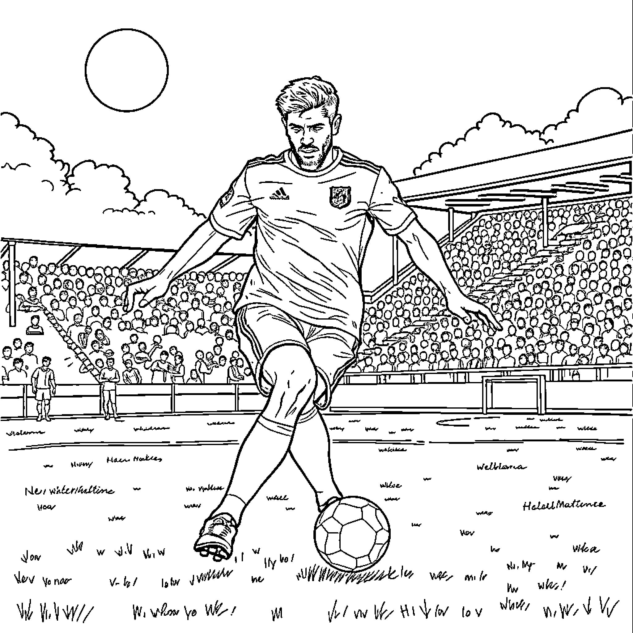 Cantona playing soccer in the stadium Coloring Page (free black-and-white line drawing printable PDF for all, from beginners to advanced learners, including children, teens, adults, and seniors)