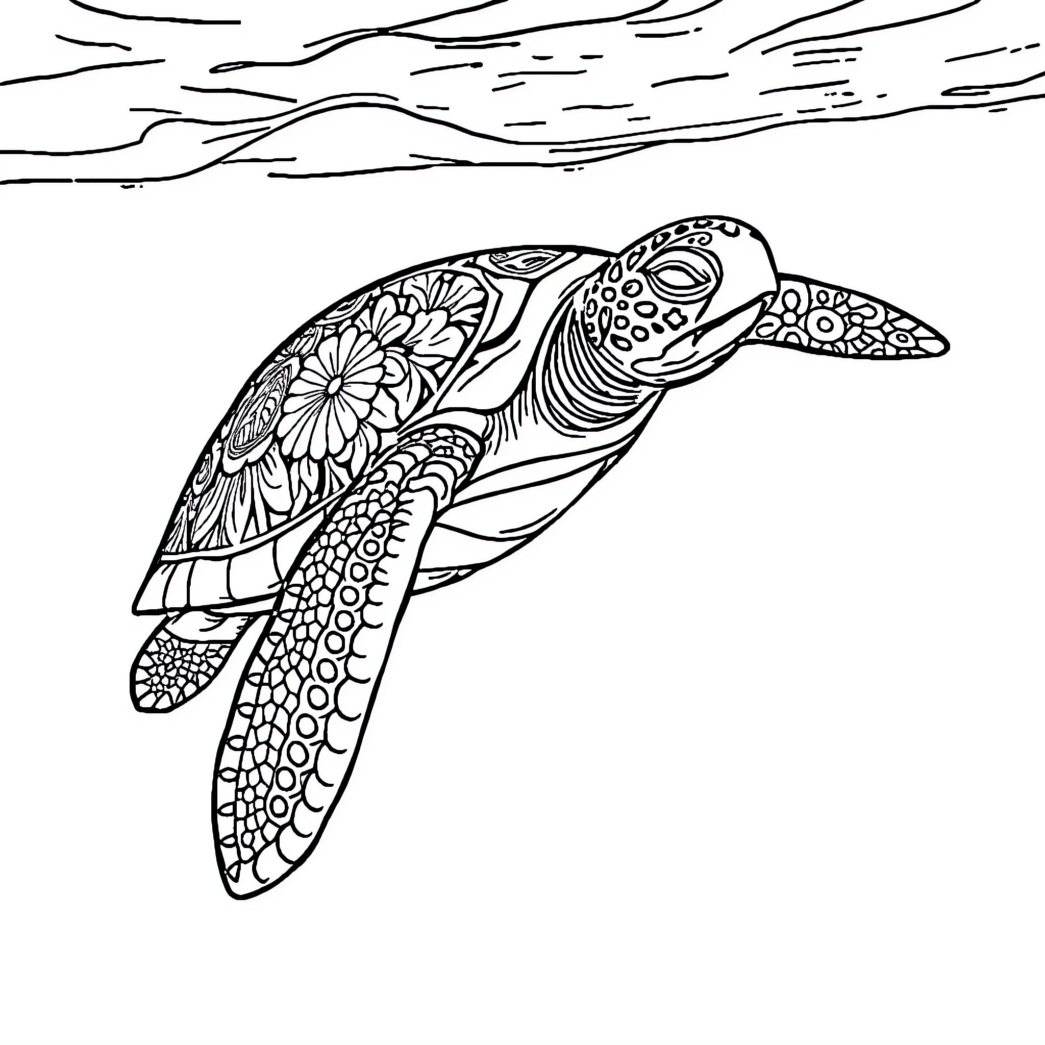 Sea Turtle swimming gracefully through the ocean Coloring Page (free black-and-white line drawing printable PDF for all, from beginners to advanced learners, including children, teens, adults, and seniors)