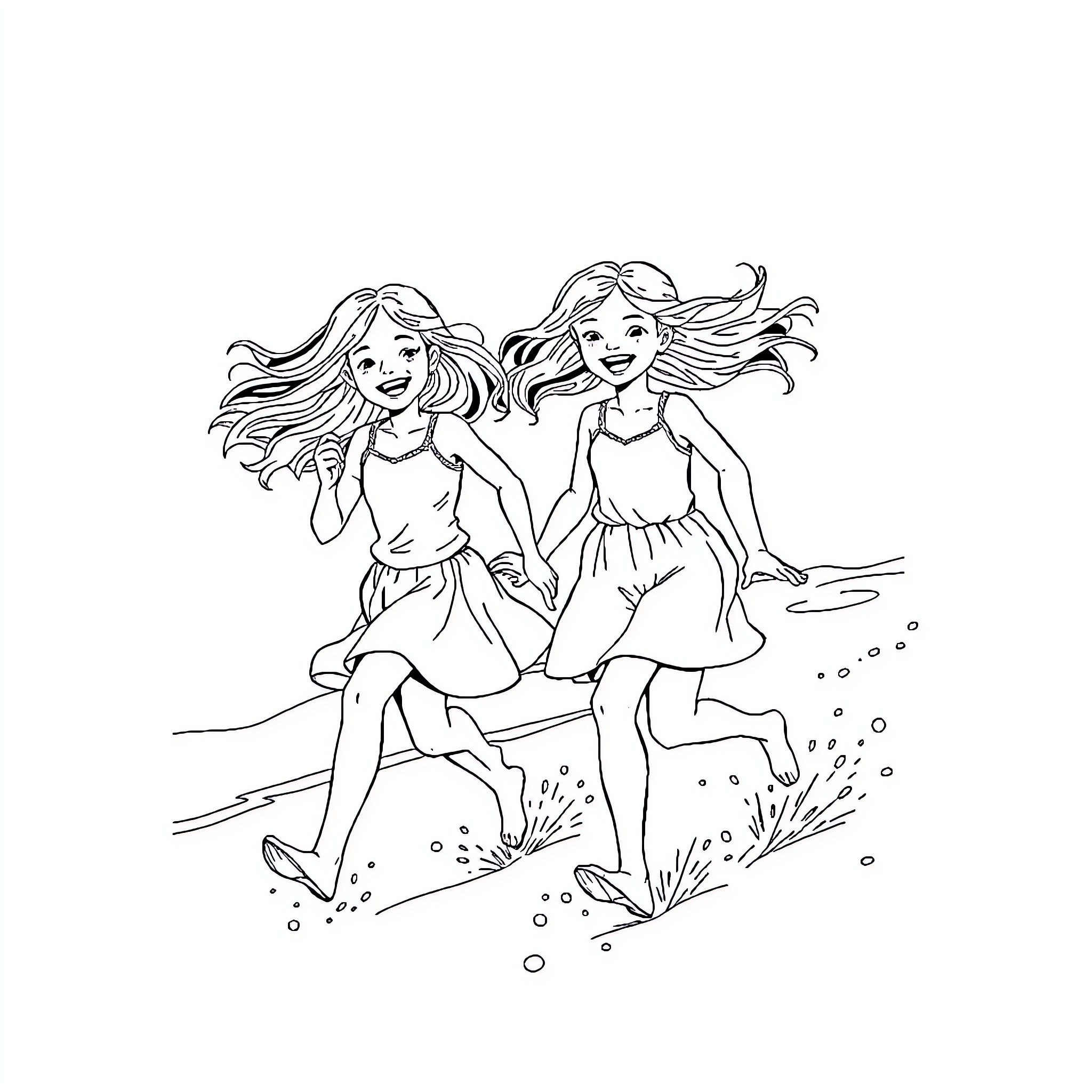 Fille enjoying carefree moments with friends Coloring Page (free black-and-white line drawing printable PDF for all, from beginners to advanced learners, including children, teens, adults, and seniors)