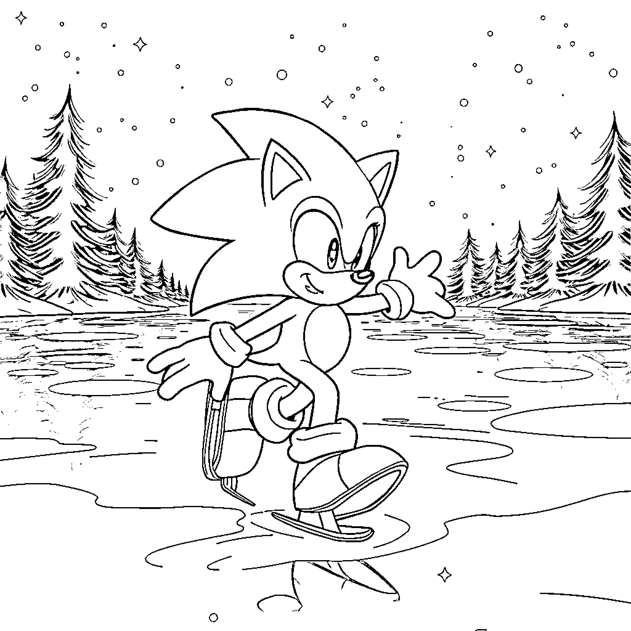 Sonic skating on a frozen lake in a winter wonderland Coloring Page (free black-and-white line drawing printable PDF for all, from beginners to advanced learners, including children, teens, adults, and seniors)