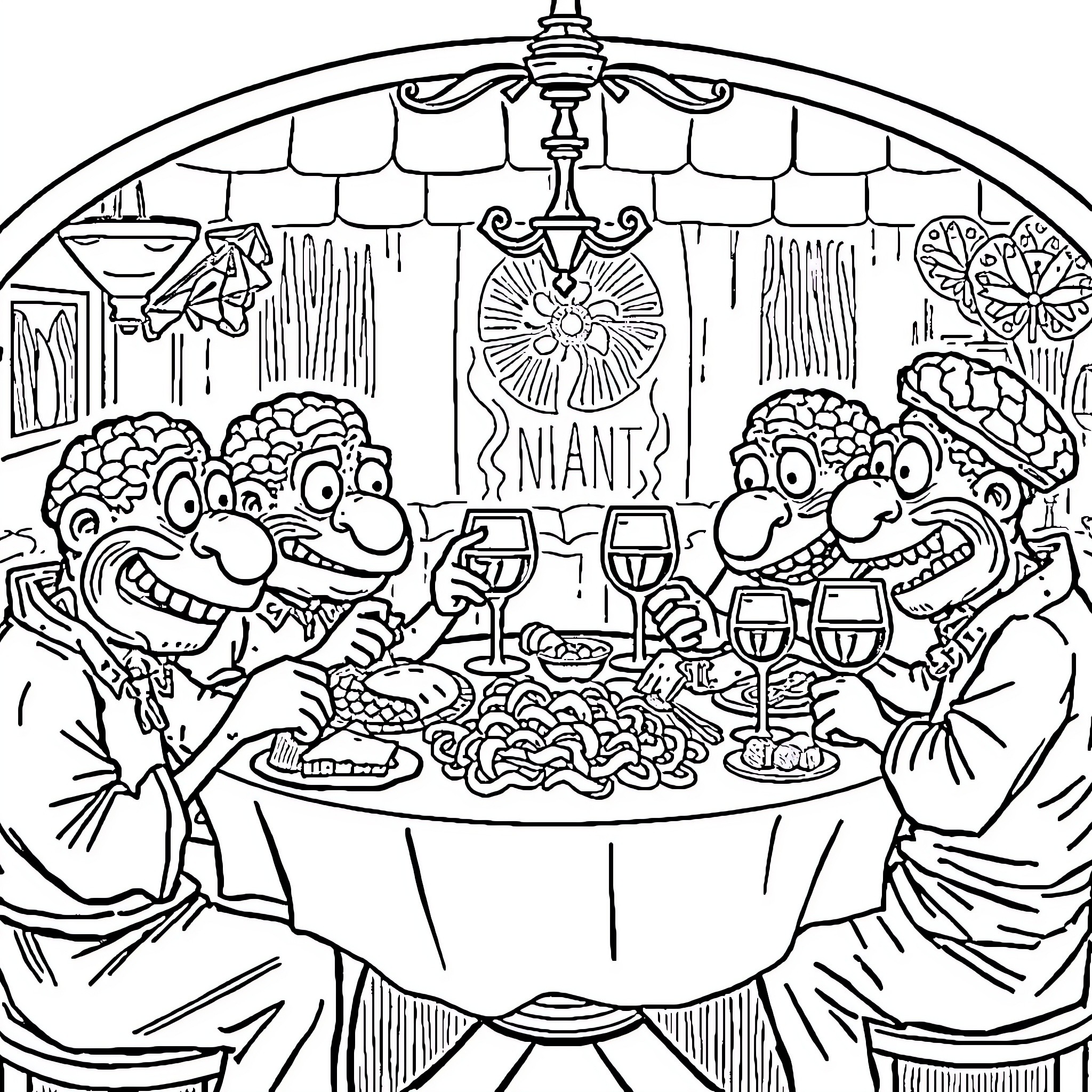 Character Enjoying a Festive Meal with Friends Coloring Page (free black-and-white line drawing printable PDF for all, from beginners to advanced learners, including children, teens, adults, and seniors)