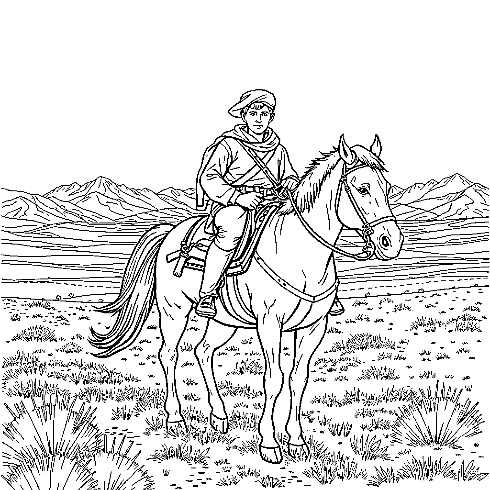 Boer soldier riding horse through rugged countryside Coloring Page (free black-and-white line drawing printable PDF for all, from beginners to advanced learners, including children, teens, adults, and seniors)