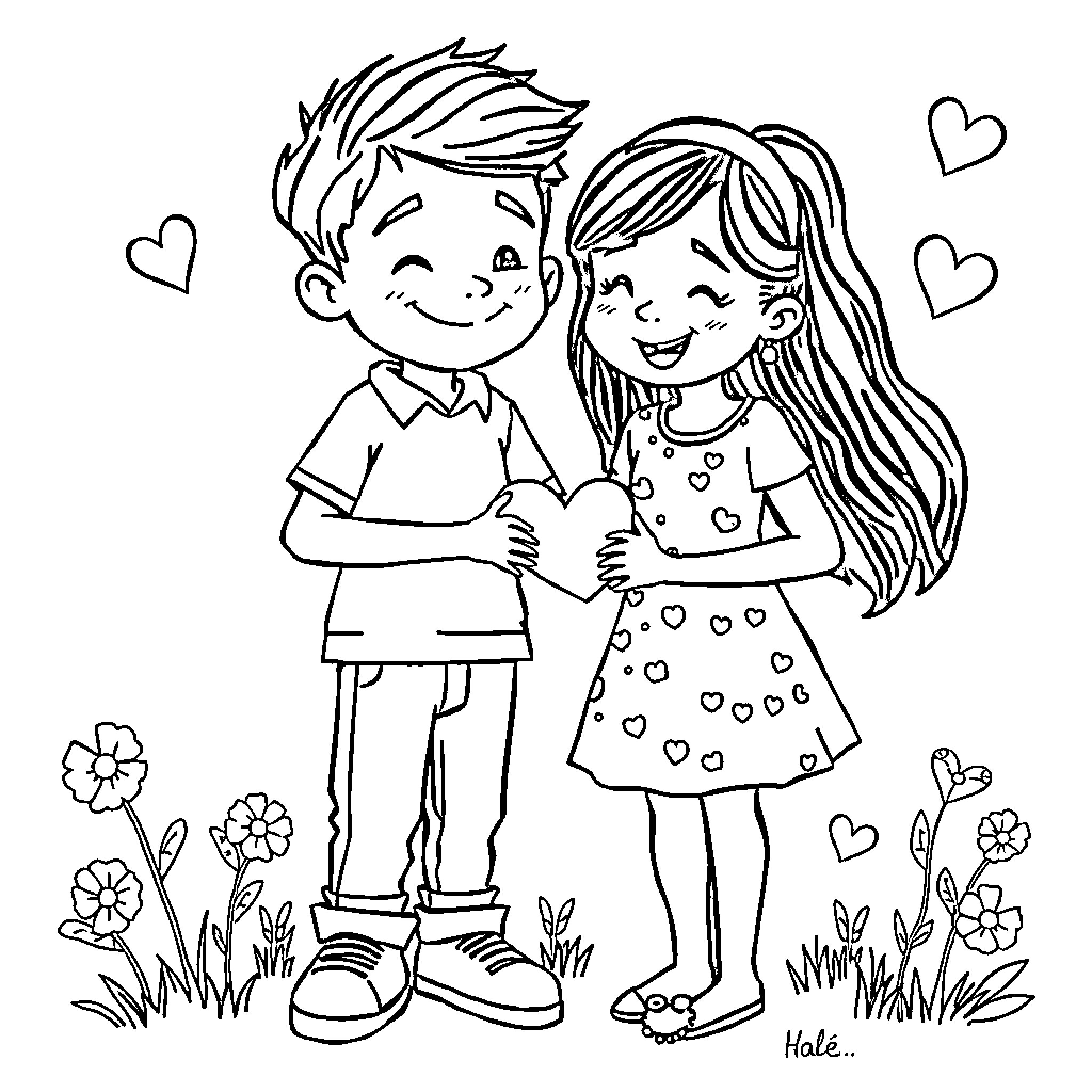 Friendship between a boy and girl in a garden Coloring Page (free black-and-white line drawing printable PDF for all, from beginners to advanced learners, including children, teens, adults, and seniors)