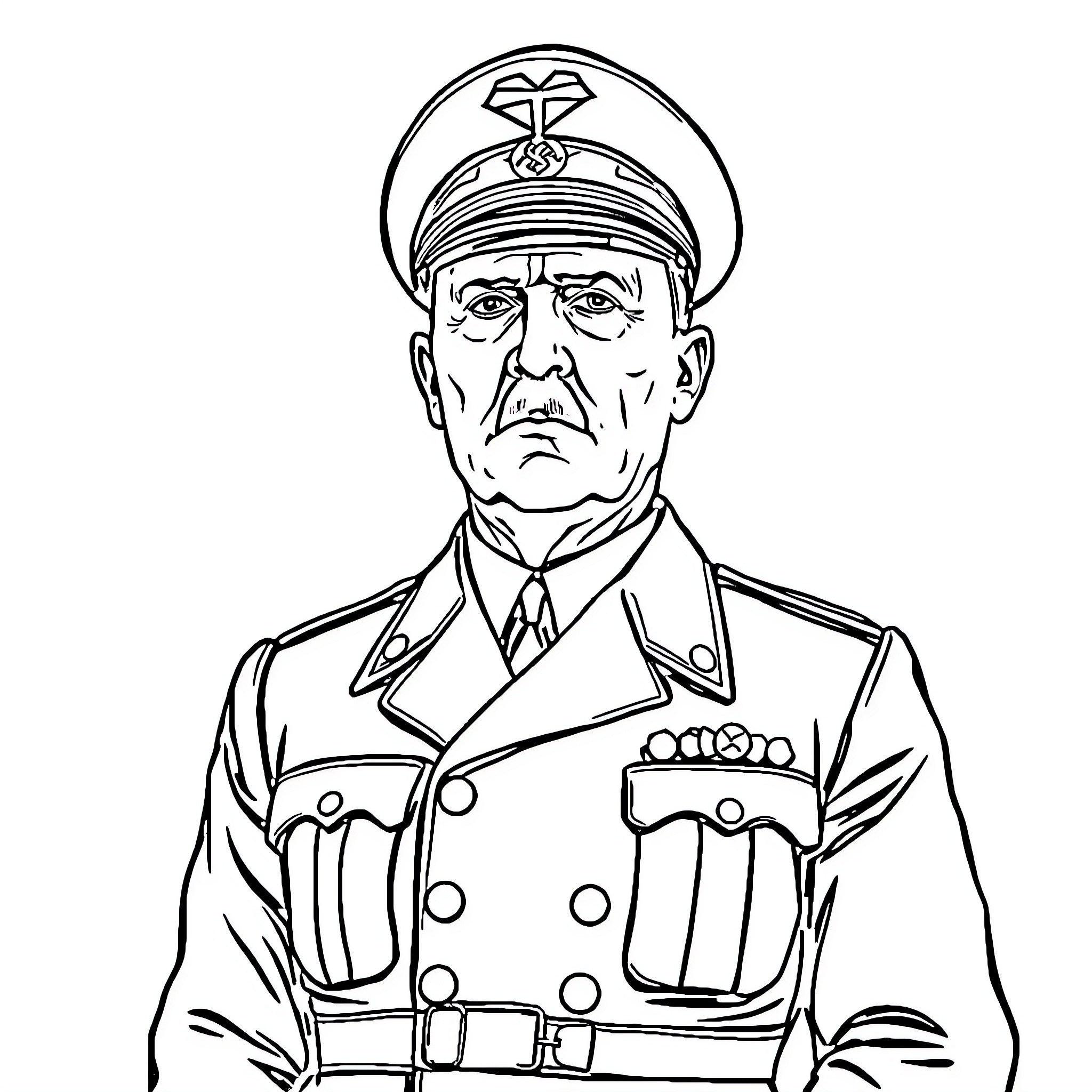 Adolf Hitler in military uniform with stern expression Coloring Page (free black-and-white line drawing printable PDF for all, from beginners to advanced learners, including children, teens, adults, and seniors)