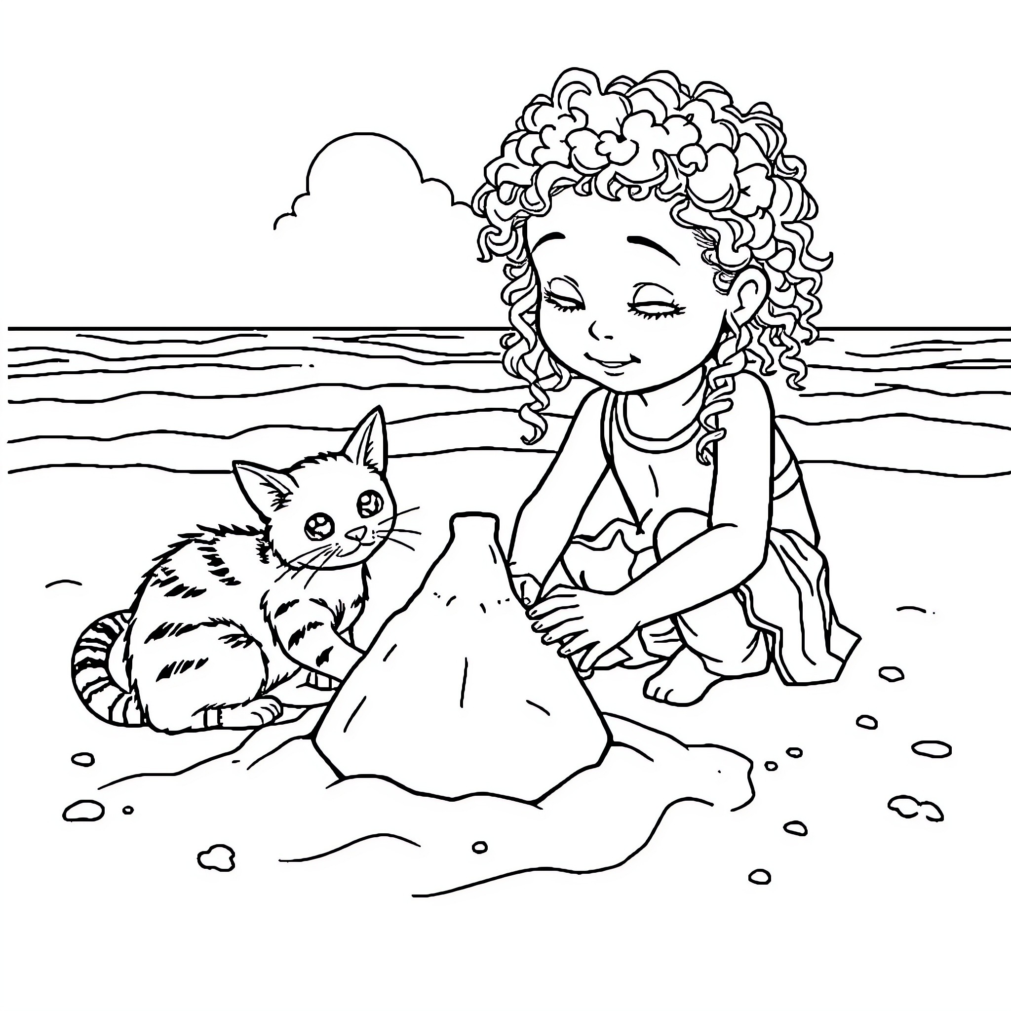 Girl playing with cat on the beach Coloring Page (free black-and-white line drawing printable PDF for all, from beginners to advanced learners, including children, teens, adults, and seniors)