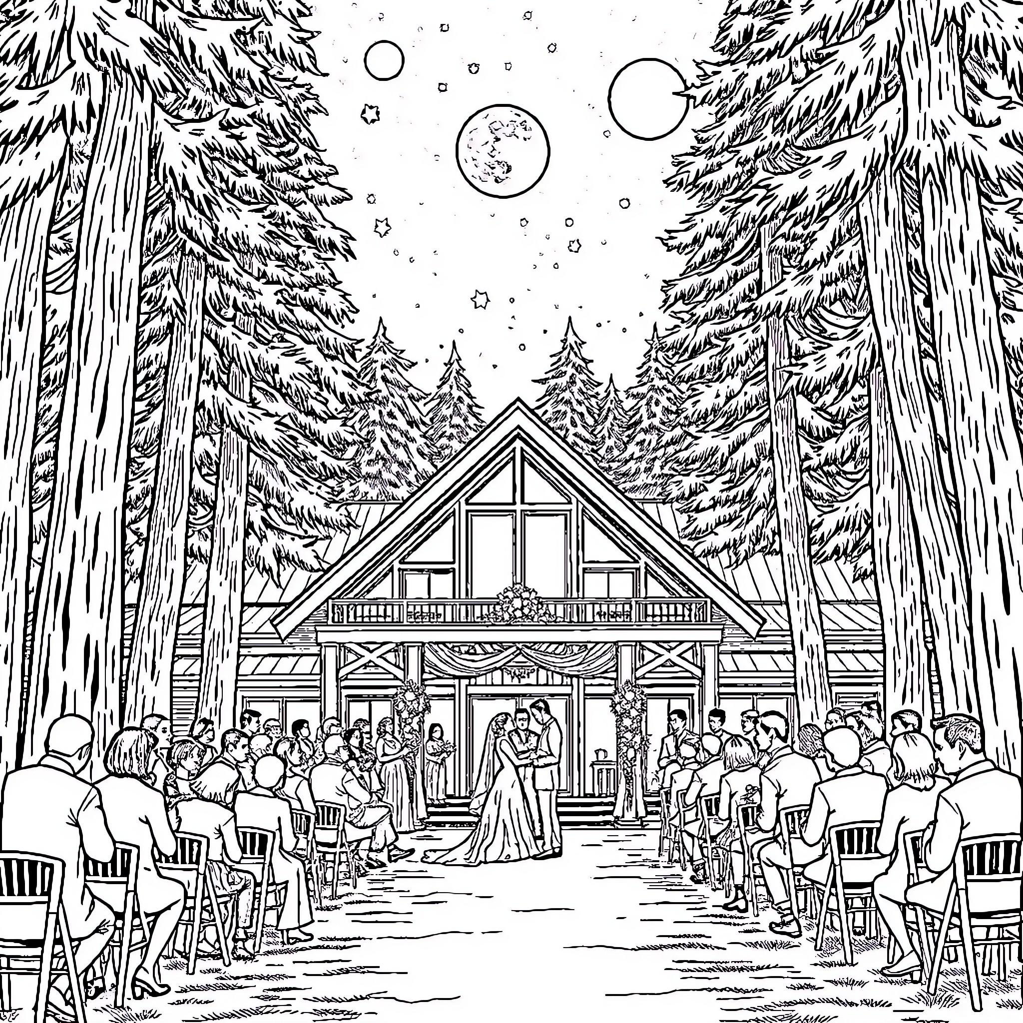Lodge Wedding Celebration in Snowy Forest Coloring Page (free black-and-white line drawing printable PDF for all, from beginners to advanced learners, including children, teens, adults, and seniors)