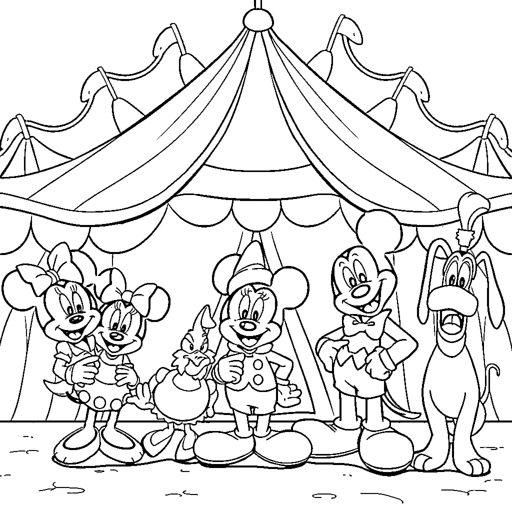 Mickey Mouse and Friends at the Circus Tent Coloring Page (free black-and-white line drawing printable PDF for all, from beginners to advanced learners, including children, teens, adults, and seniors)
