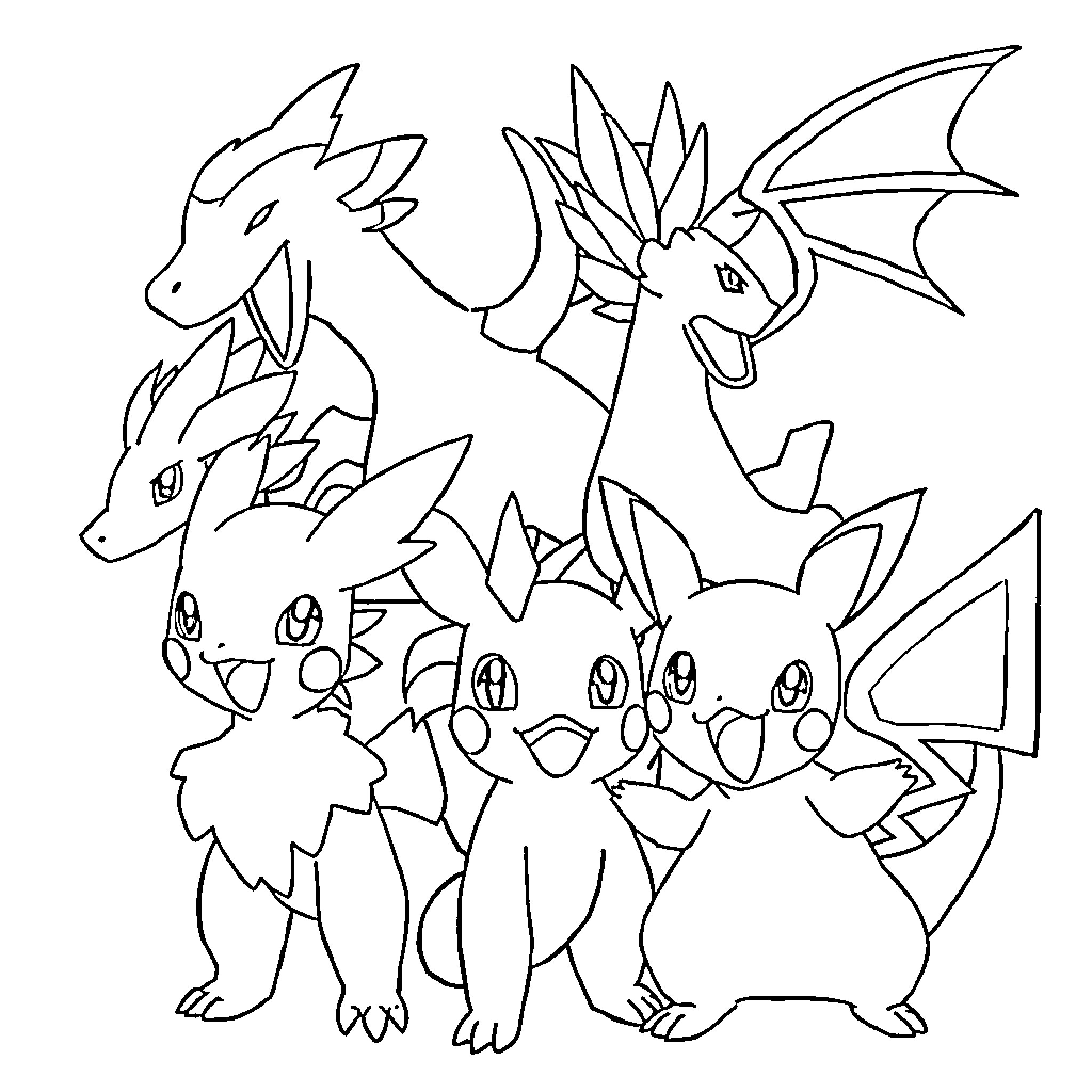Pokémon characters in various poses and expressions Coloring Page (free black-and-white line drawing printable PDF for all, from beginners to advanced learners, including children, teens, adults, and seniors)