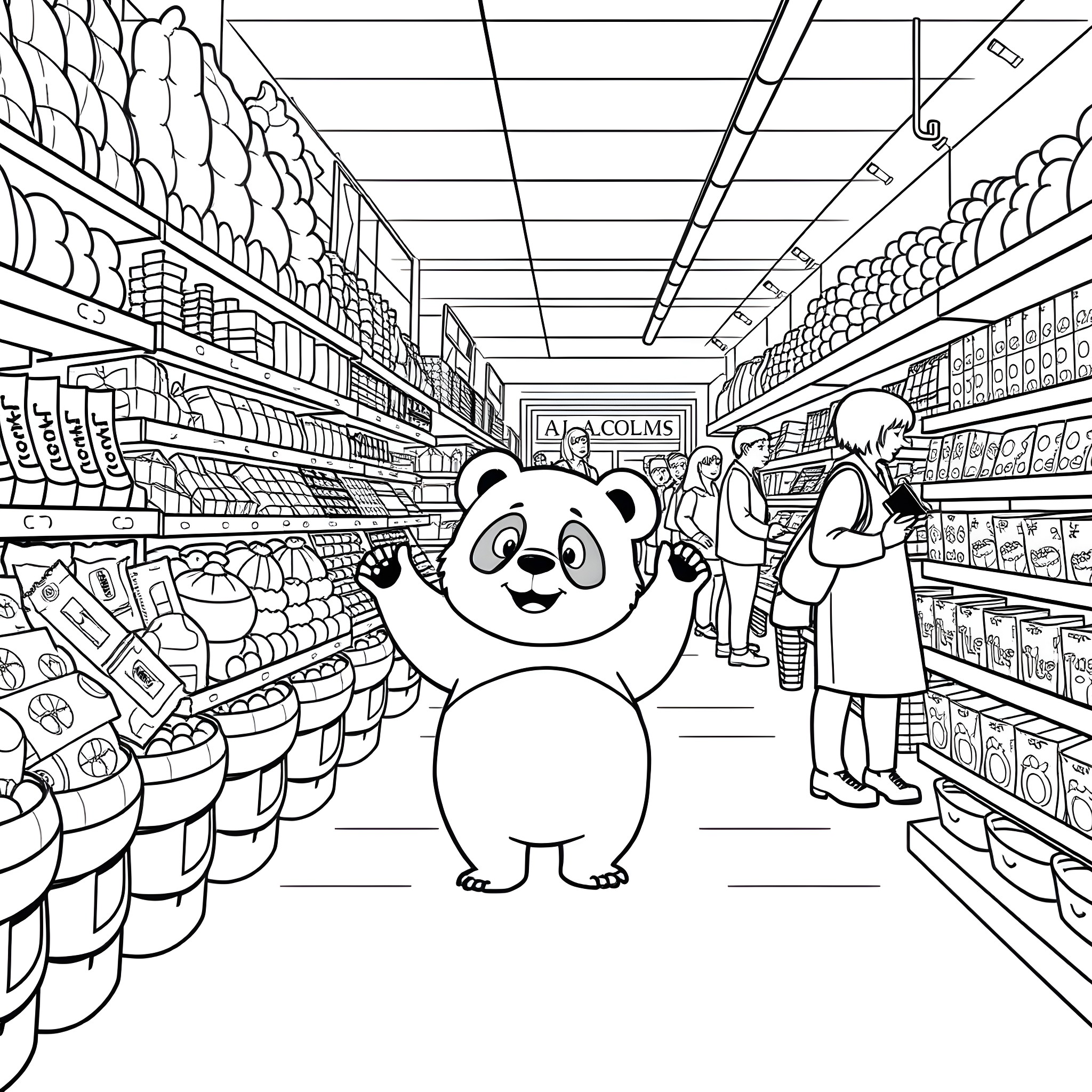 Panda exploring the grocery store aisle Coloring Page (free black-and-white line drawing printable PDF for all, from beginners to advanced learners, including children, teens, adults, and seniors)