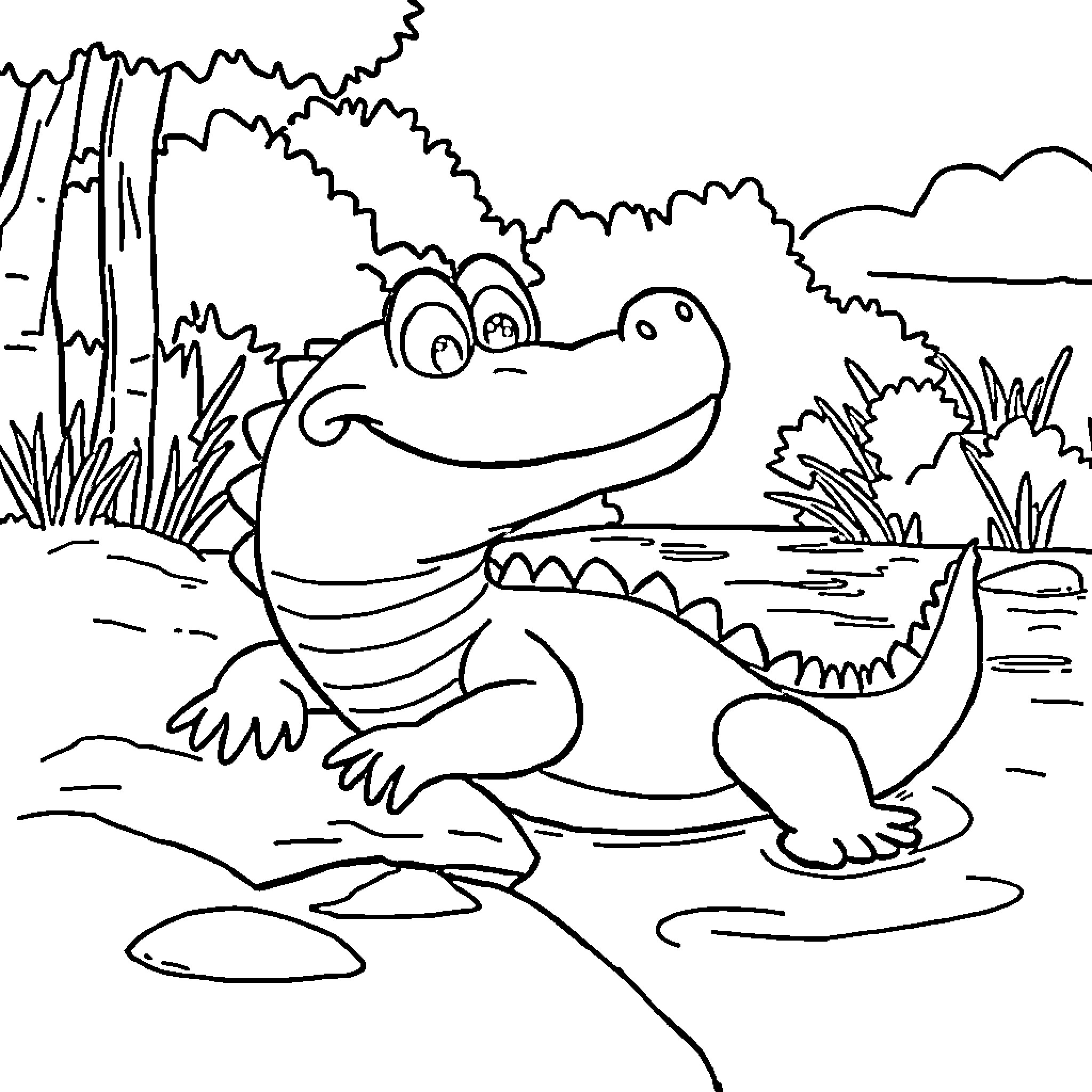 Crocodile relaxing in the swamp Coloring Page (free black-and-white line drawing printable PDF for all, from beginners to advanced learners, including children, teens, adults, and seniors)