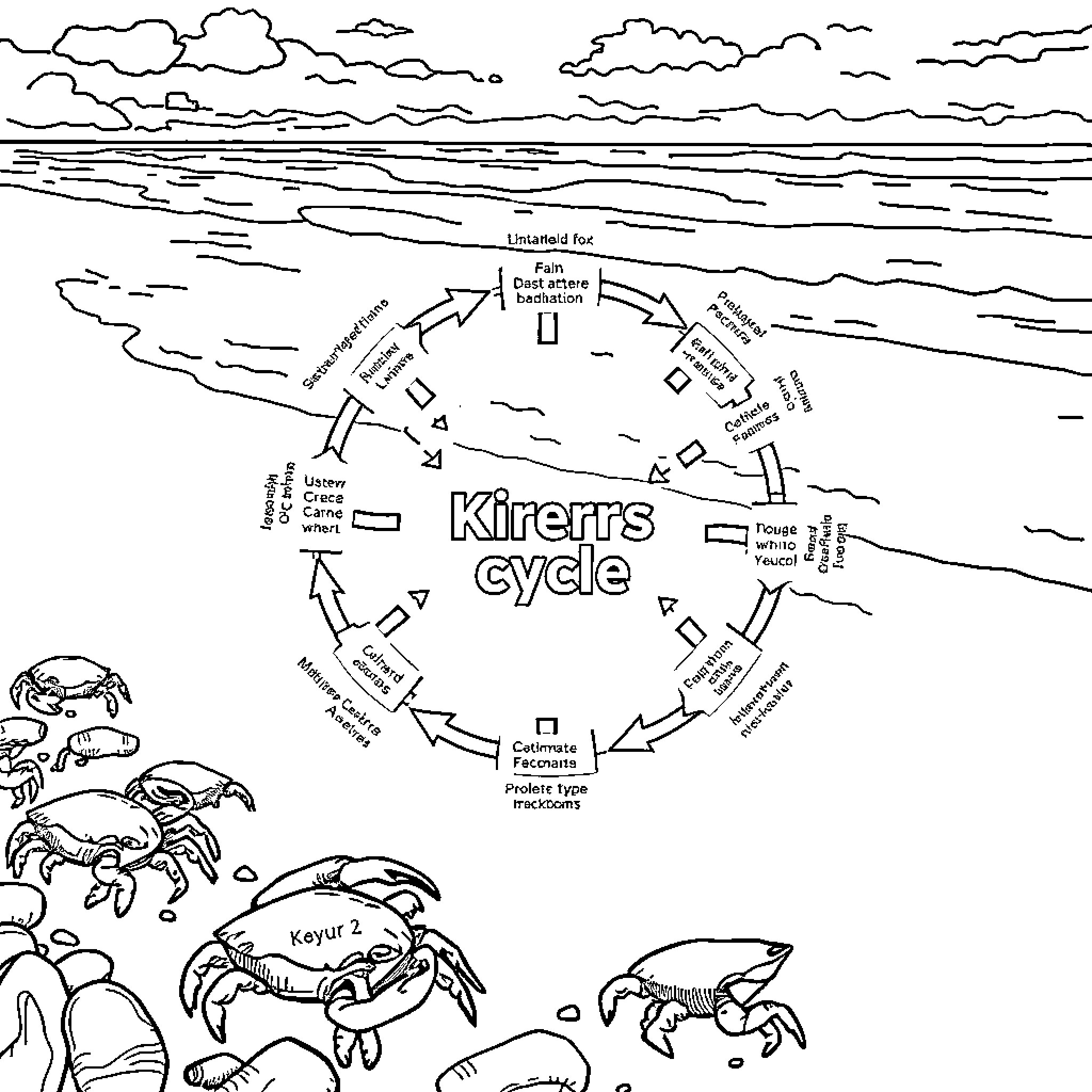 Crab's life cycle depicted in an educational diagram Coloring Page (free black-and-white line drawing printable PDF for all, from beginners to advanced learners, including children, teens, adults, and seniors)