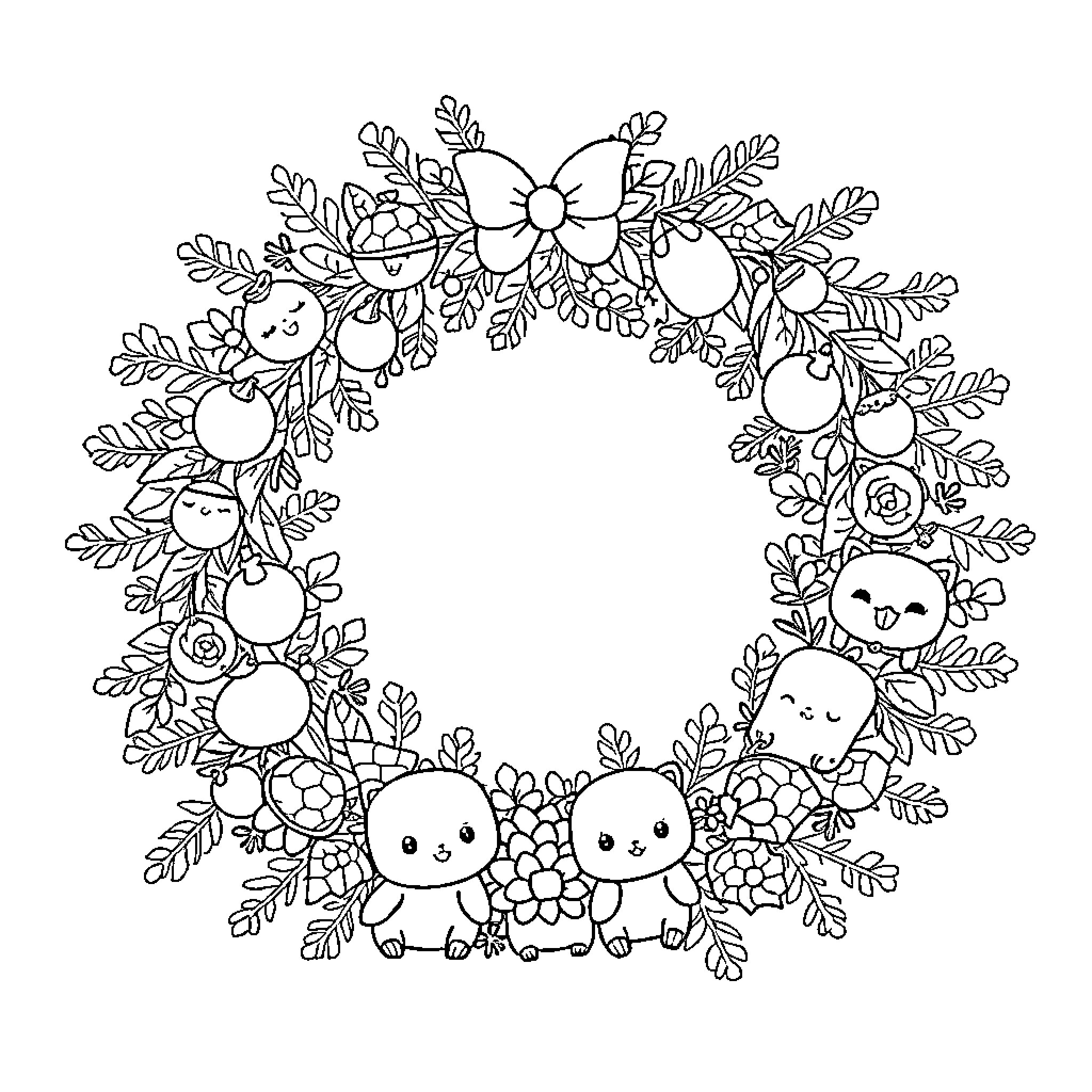 Crown of Adorable Creatures and Flowers Coloring Page (free black-and-white line drawing printable PDF for all, from beginners to advanced learners, including children, teens, adults, and seniors)
