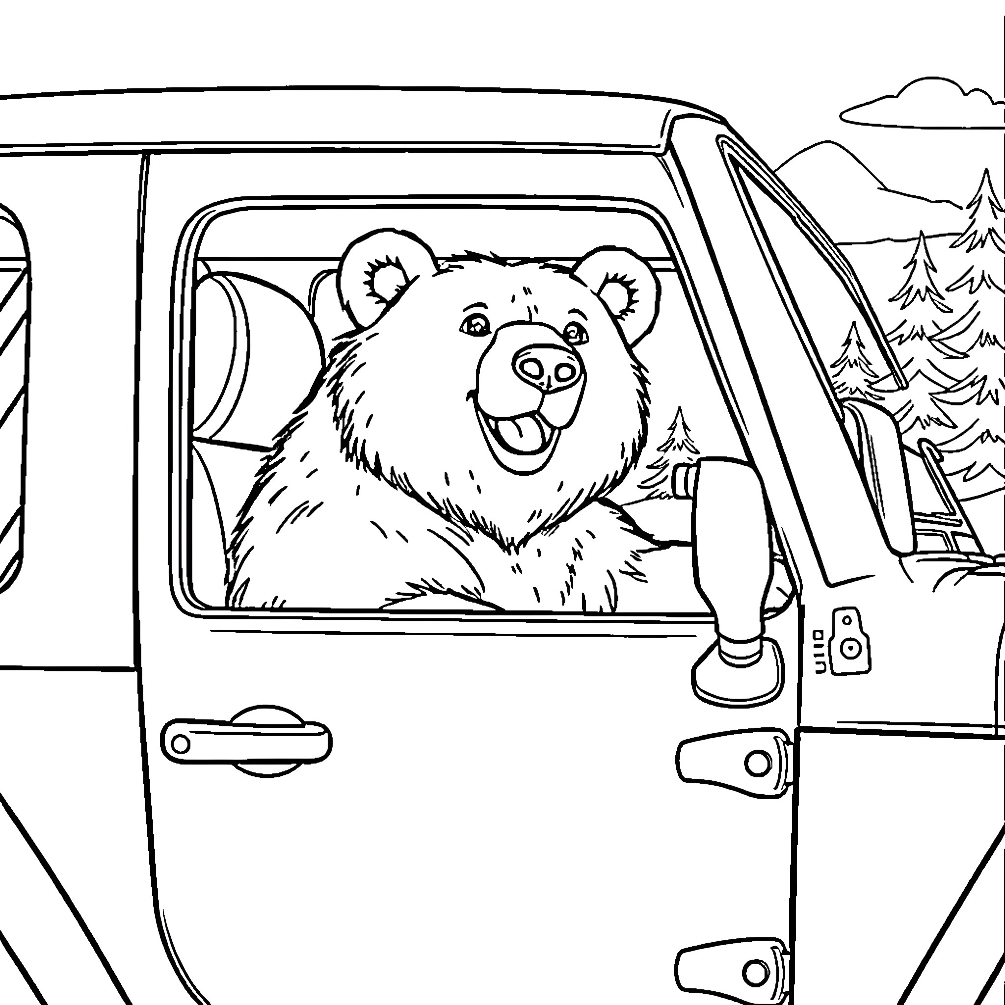 Bear riding happily in a car Coloring Page (free black-and-white line drawing printable PDF for all, from beginners to advanced learners, including children, teens, adults, and seniors)