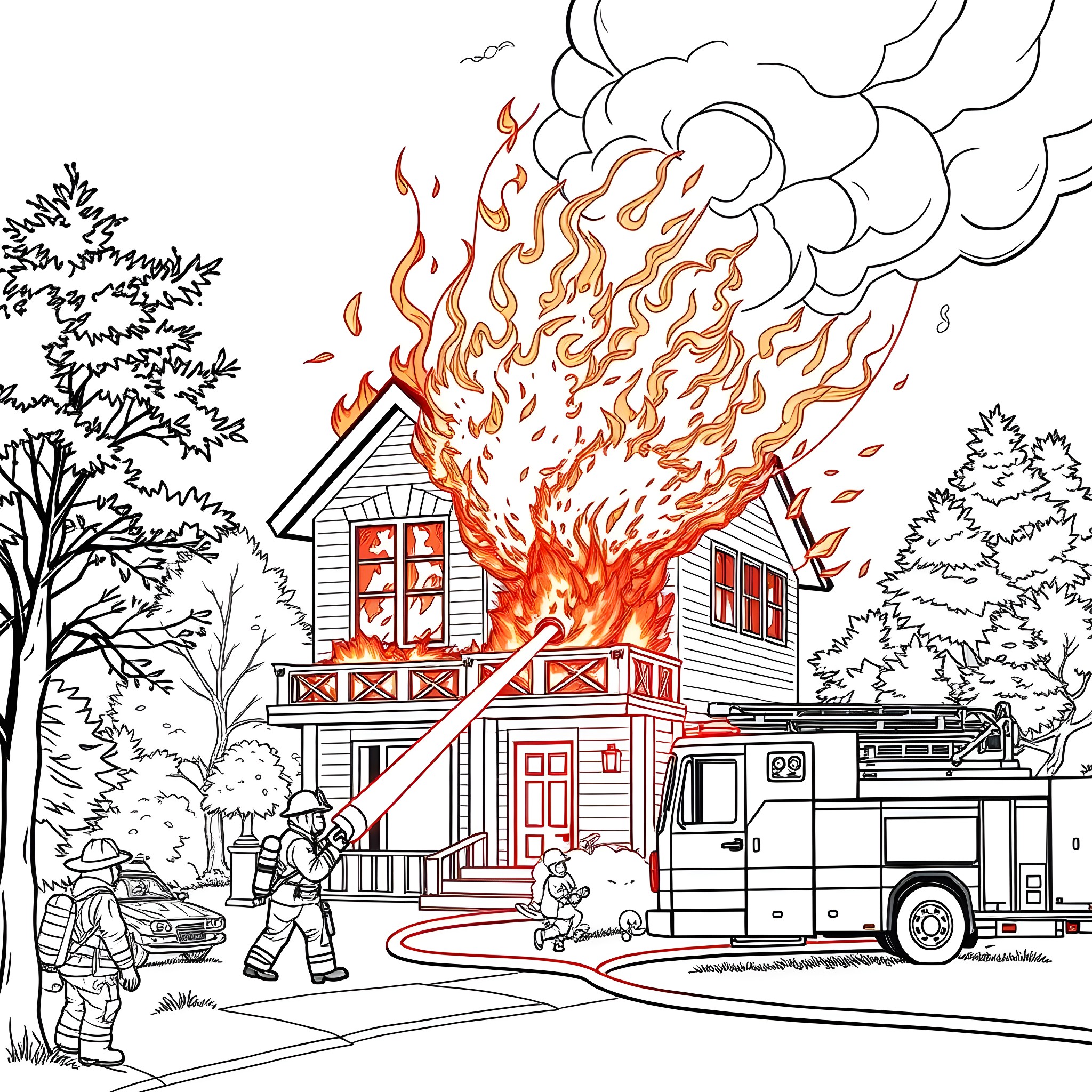 Firefighter battling flames at burning house Coloring Page (free black-and-white line drawing printable PDF for all, from beginners to advanced learners, including children, teens, adults, and seniors)