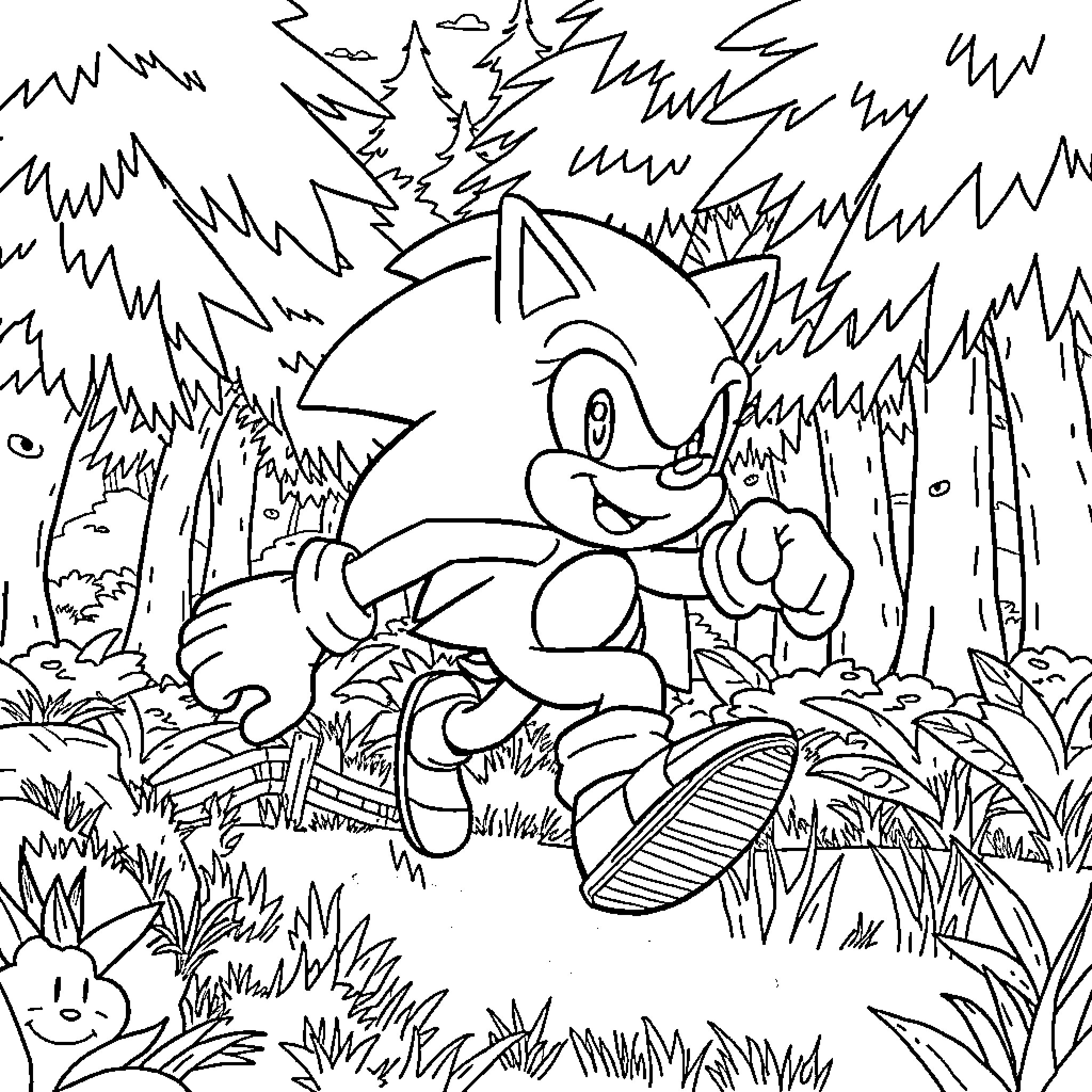 Sonic's Adventurous Exploration in the Enchanted Forest Coloring Page (free black-and-white line drawing printable PDF for all, from beginners to advanced learners, including children, teens, adults, and seniors)