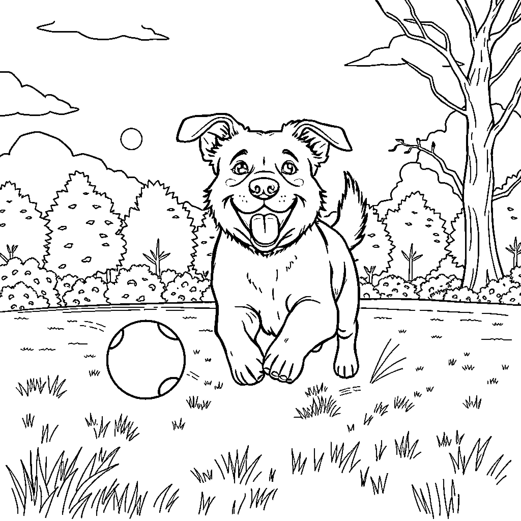 Dog playing joyfully with ball in outdoor park Coloring Page (free black-and-white line drawing printable PDF for all, from beginners to advanced learners, including children, teens, adults, and seniors)