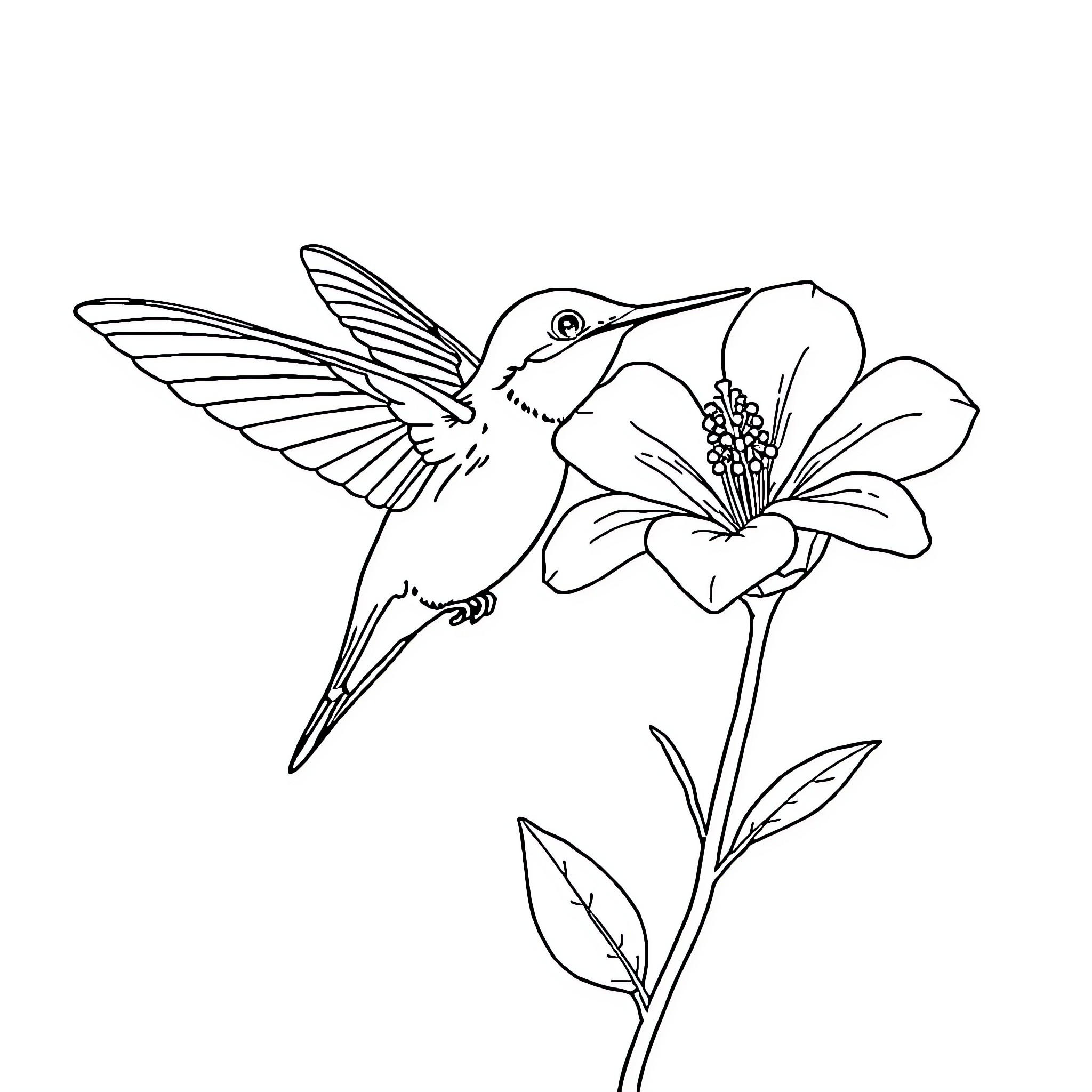 Hummingbird feeding on a blooming flower Coloring Page (free black-and-white line drawing printable PDF for all, from beginners to advanced learners, including children, teens, adults, and seniors)